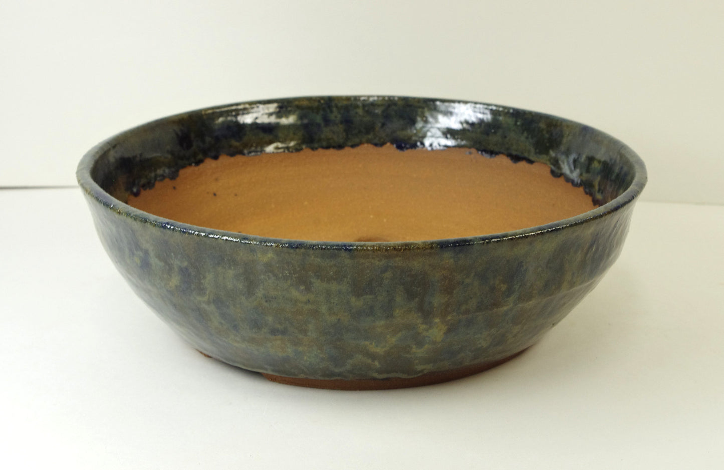 2097 Hand Thrown Stoneware Bonsai Pot, Extra Wire Holes, Olive Greens, Blues, Browns, 9 x 2 7/8