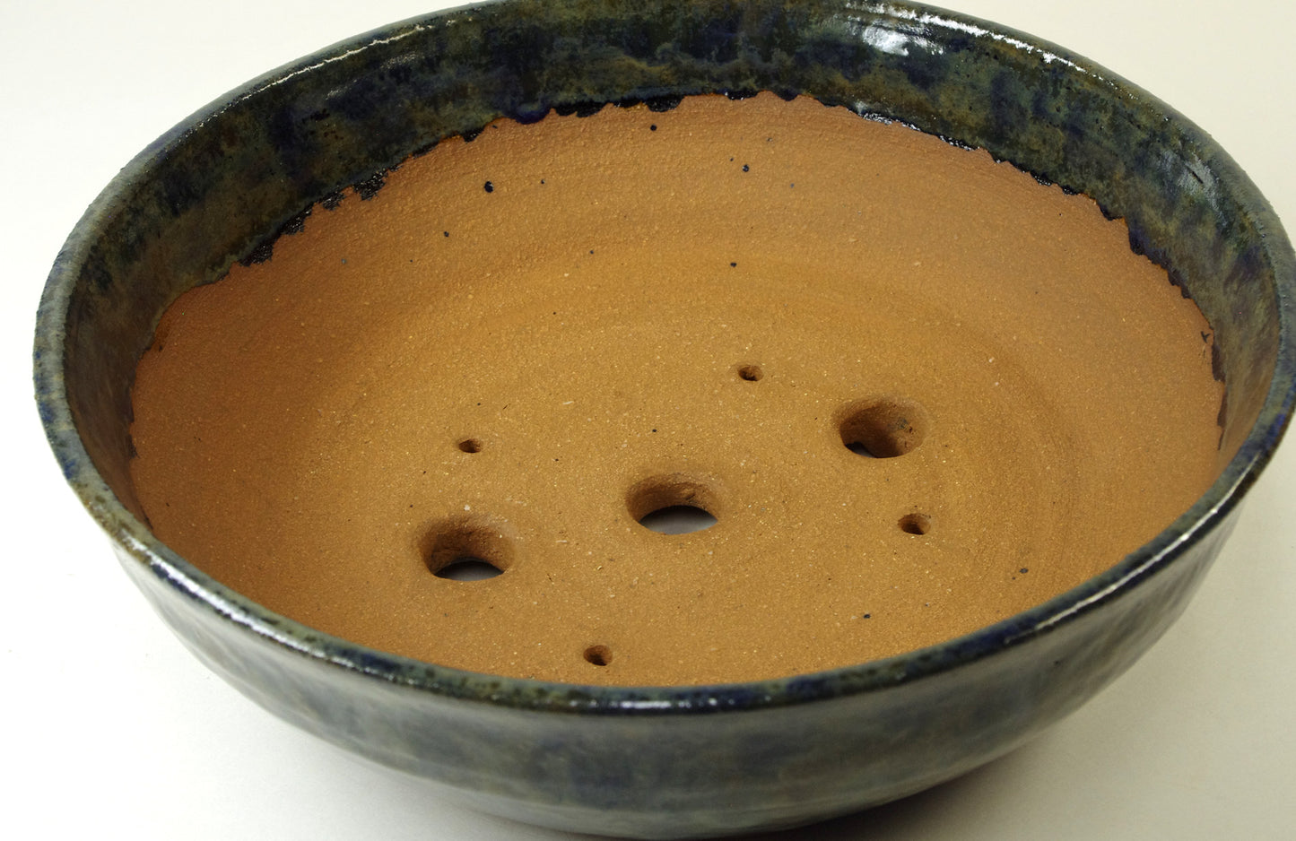 2097 Hand Thrown Stoneware Bonsai Pot, Extra Wire Holes, Olive Greens, Blues, Browns, 9 x 2 7/8