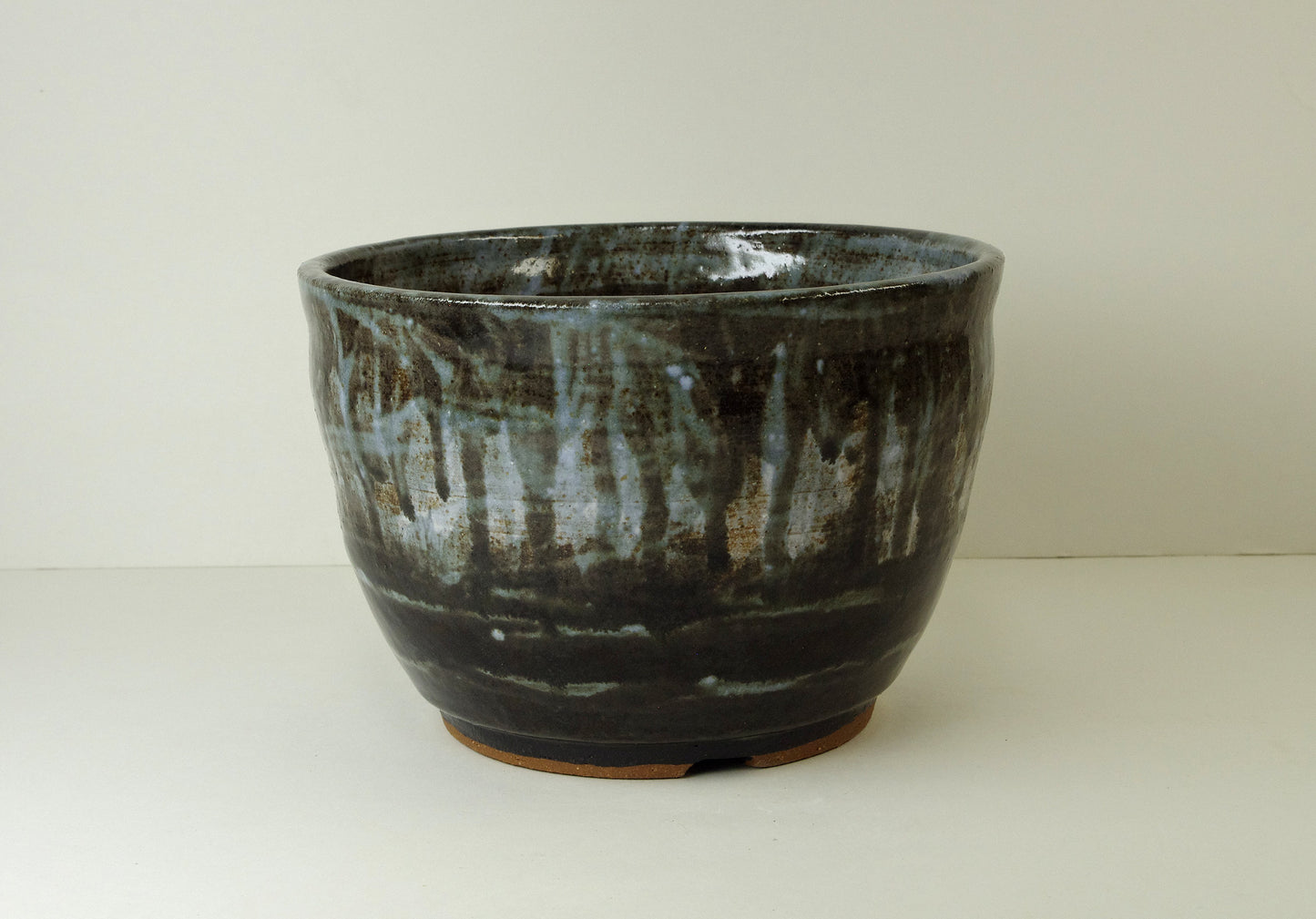 12099, Hand Thrown Stoneware Bonsai Pot, Black 6 1/2 x 4 3/8, With Extra Wire Holes