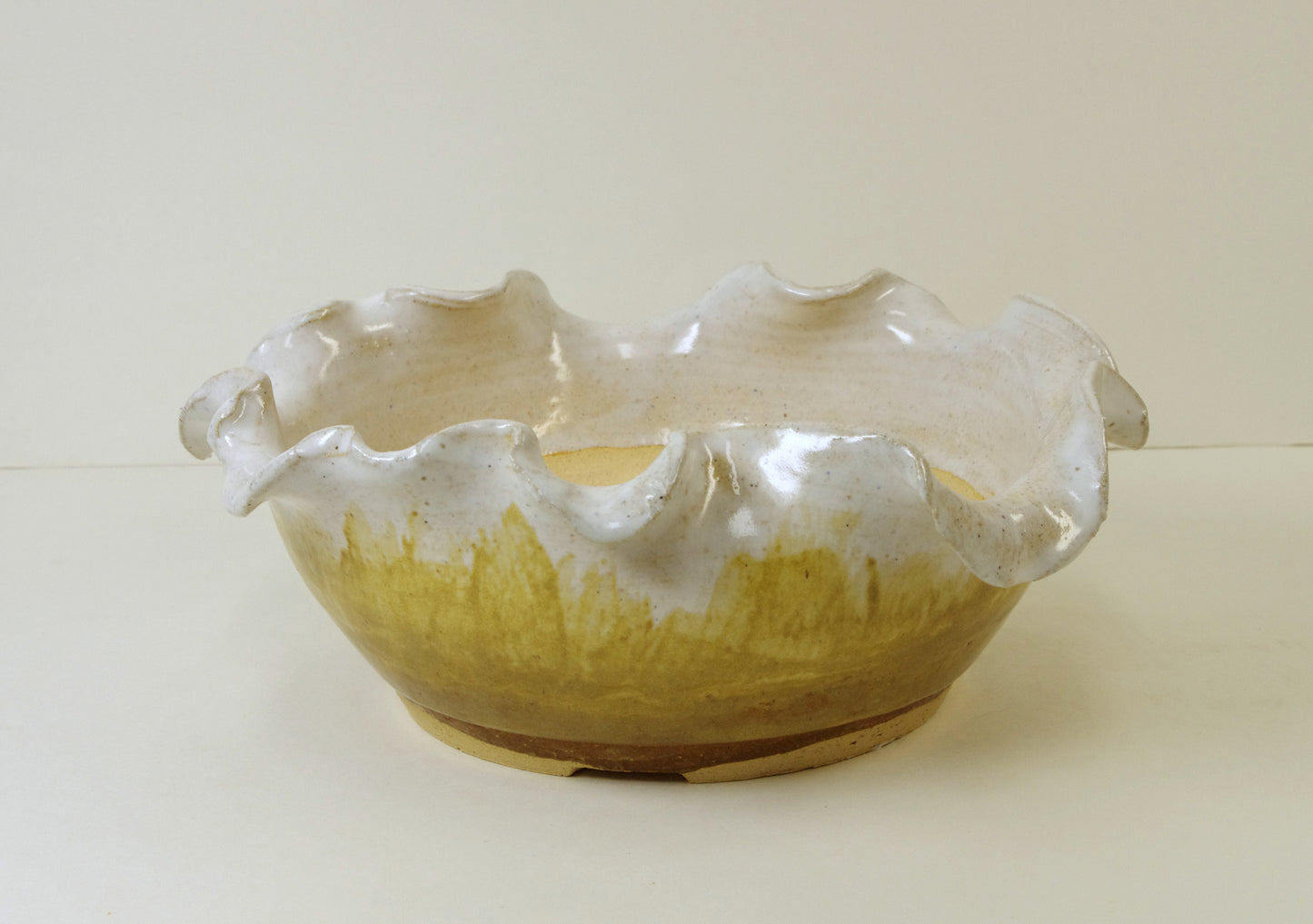 10014, Hand Thrown and Altered Stoneware Bonsai Pot, Tans, Yellows, 7 x 2