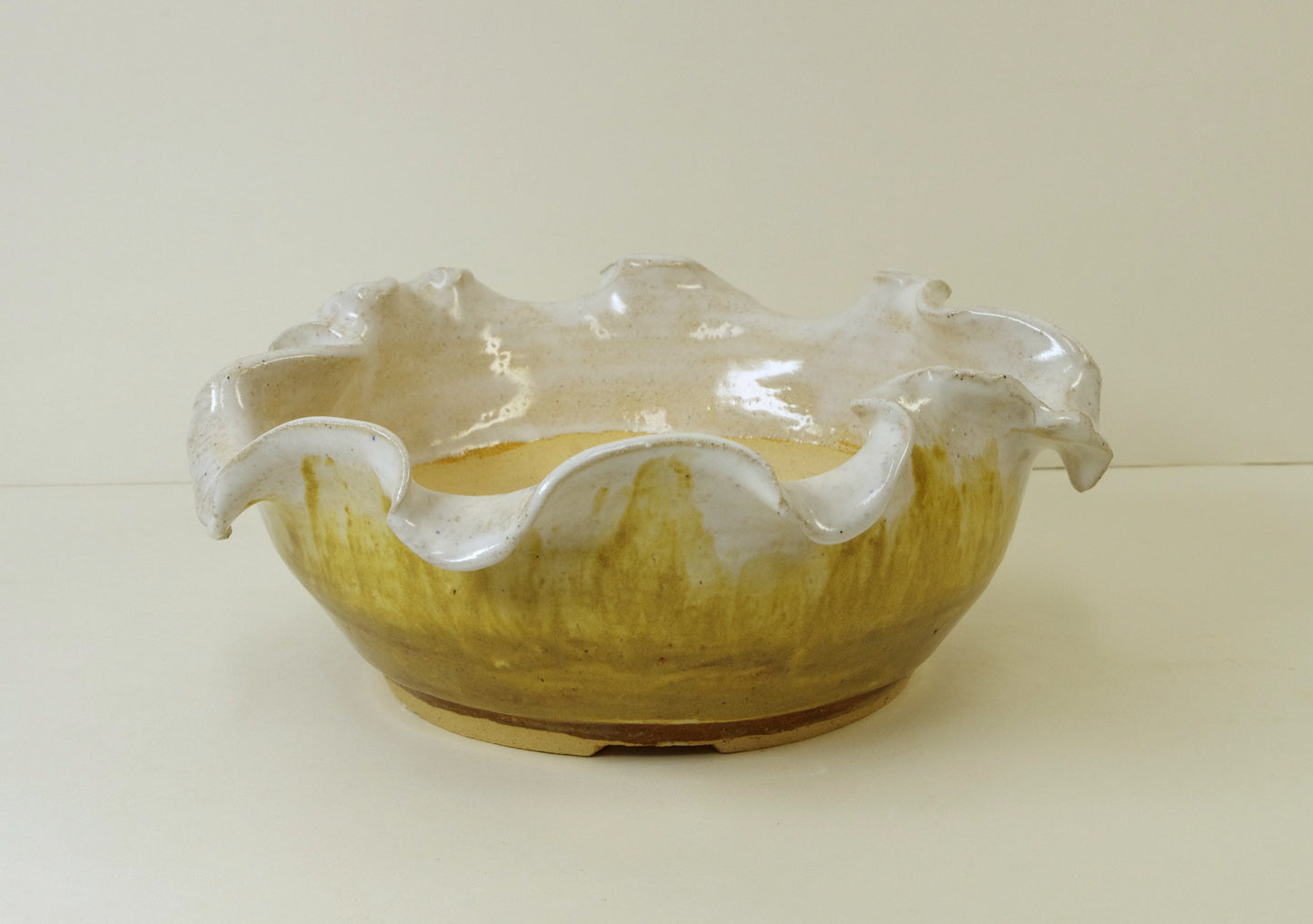 10014, Hand Thrown and Altered Stoneware Bonsai Pot, Tans, Yellows, 7 x 2