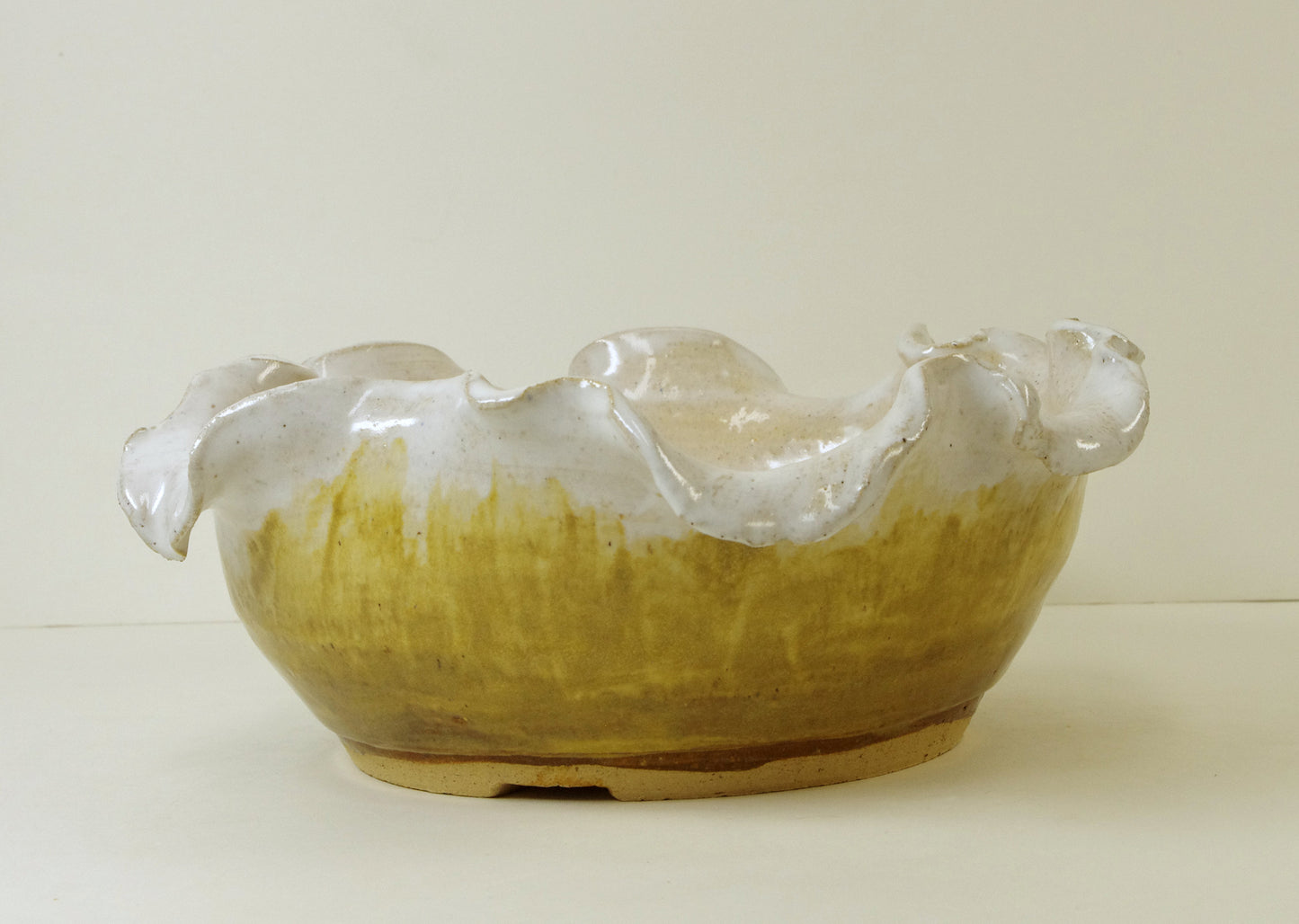 10014, Hand Thrown and Altered Stoneware Bonsai Pot, Tans, Yellows, 7 x 2