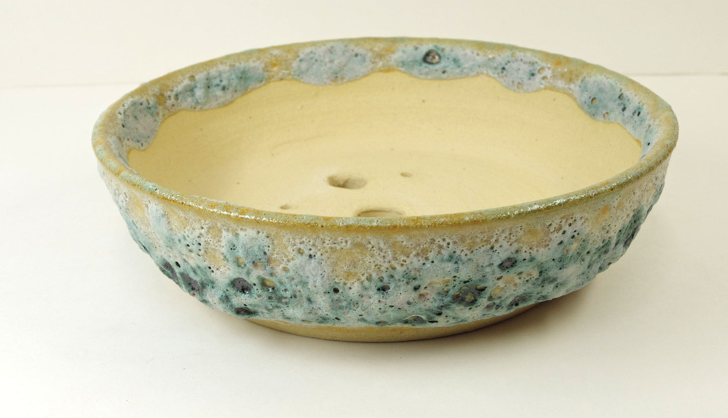 2104 Lava Crater Glazed Hand Thrown Stoneware Bonsai Pot, Extra Wire Holes, Greens, Tans 7 5/8 x 2 1/8