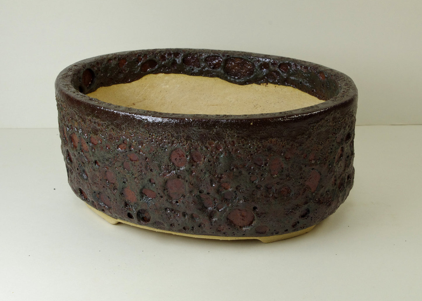 12104 Handmade Oval Stoneware Bonsai Pot, Reddish Browns Textured Crater Glaze, 8 1/4 x 6 1/2 x 3 5/8