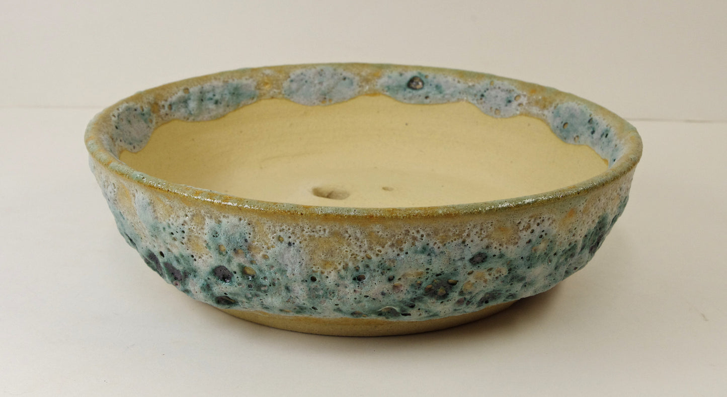 2104 Lava Crater Glazed Hand Thrown Stoneware Bonsai Pot, Extra Wire Holes, Greens, Tans 7 5/8 x 2 1/8