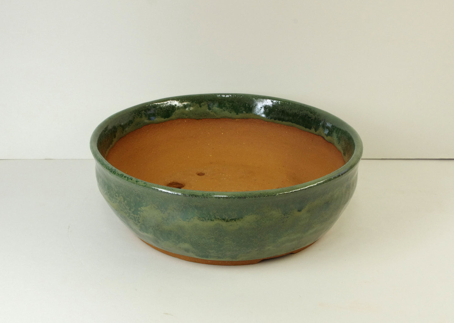 2107, Hand Thrown Stoneware Bonsai Pot, With Extra Wire Holes, 8 x 2 1/2, Greens