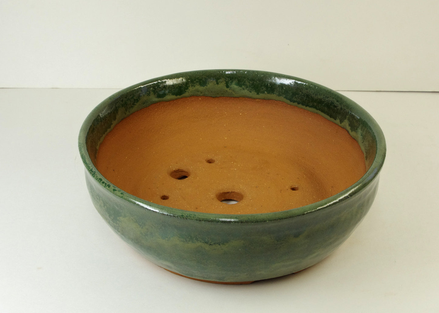 2107, Hand Thrown Stoneware Bonsai Pot, With Extra Wire Holes, 8 x 2 1/2, Greens