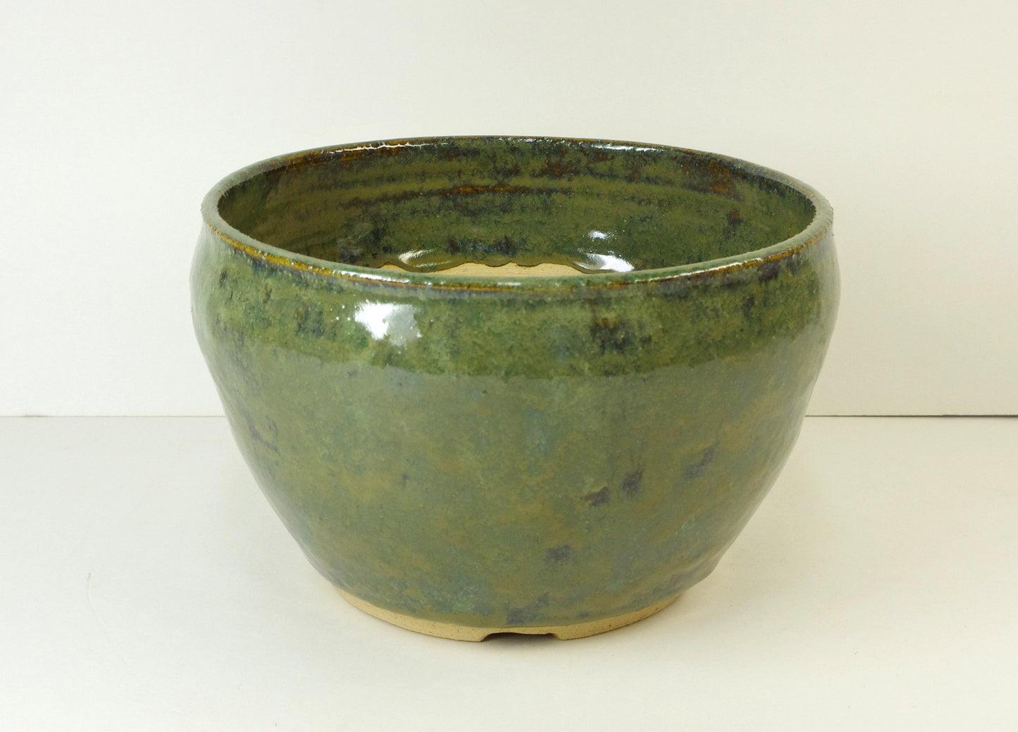 2110, Hand Thrown Stoneware Bonsai Pot,  Greens, Tans  6 3/8 x 4 1/8, With Extra Wire Holes