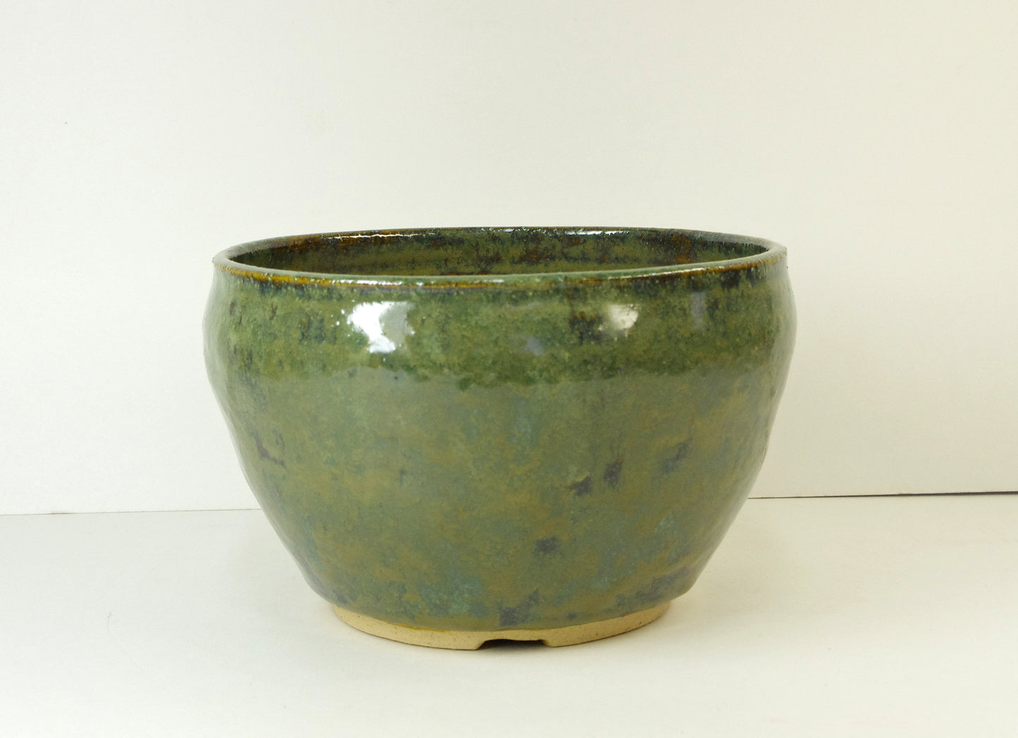 2110, Hand Thrown Stoneware Bonsai Pot, Greens, Tans 6 3/8 x 4 1/8, With Extra Wire Holes