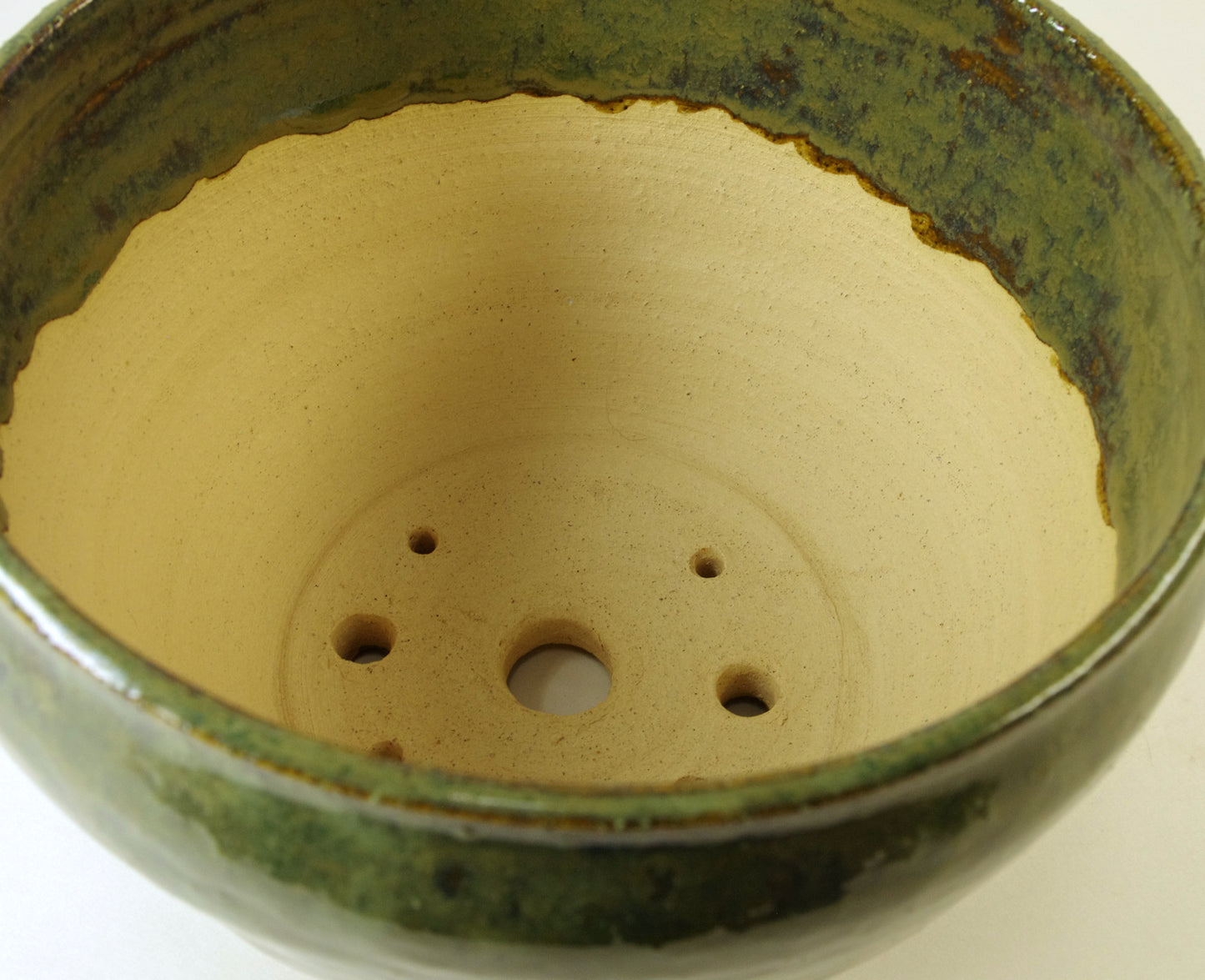 2110, Hand Thrown Stoneware Bonsai Pot, Greens, Tans 6 3/8 x 4 1/8, With Extra Wire Holes