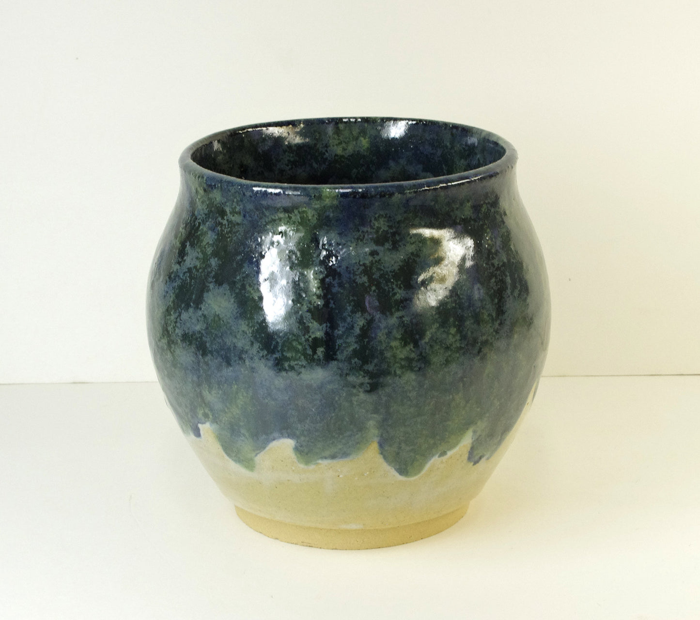 2111, Hand Thrown Stoneware Vase, 4 5/8 (at rim) x 5 3/4 x 5 1/2 inches tall, blues greens and beige