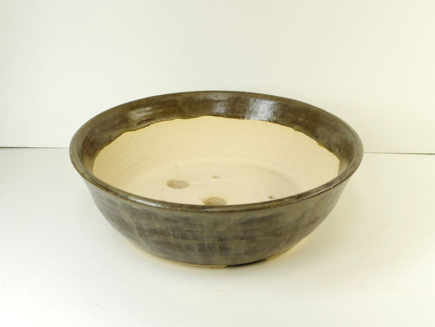 2114, Hand Thrown Stoneware Bonsai Pot, With Extra Wire Holes, 8 3/4 x 2 3/4, Brown