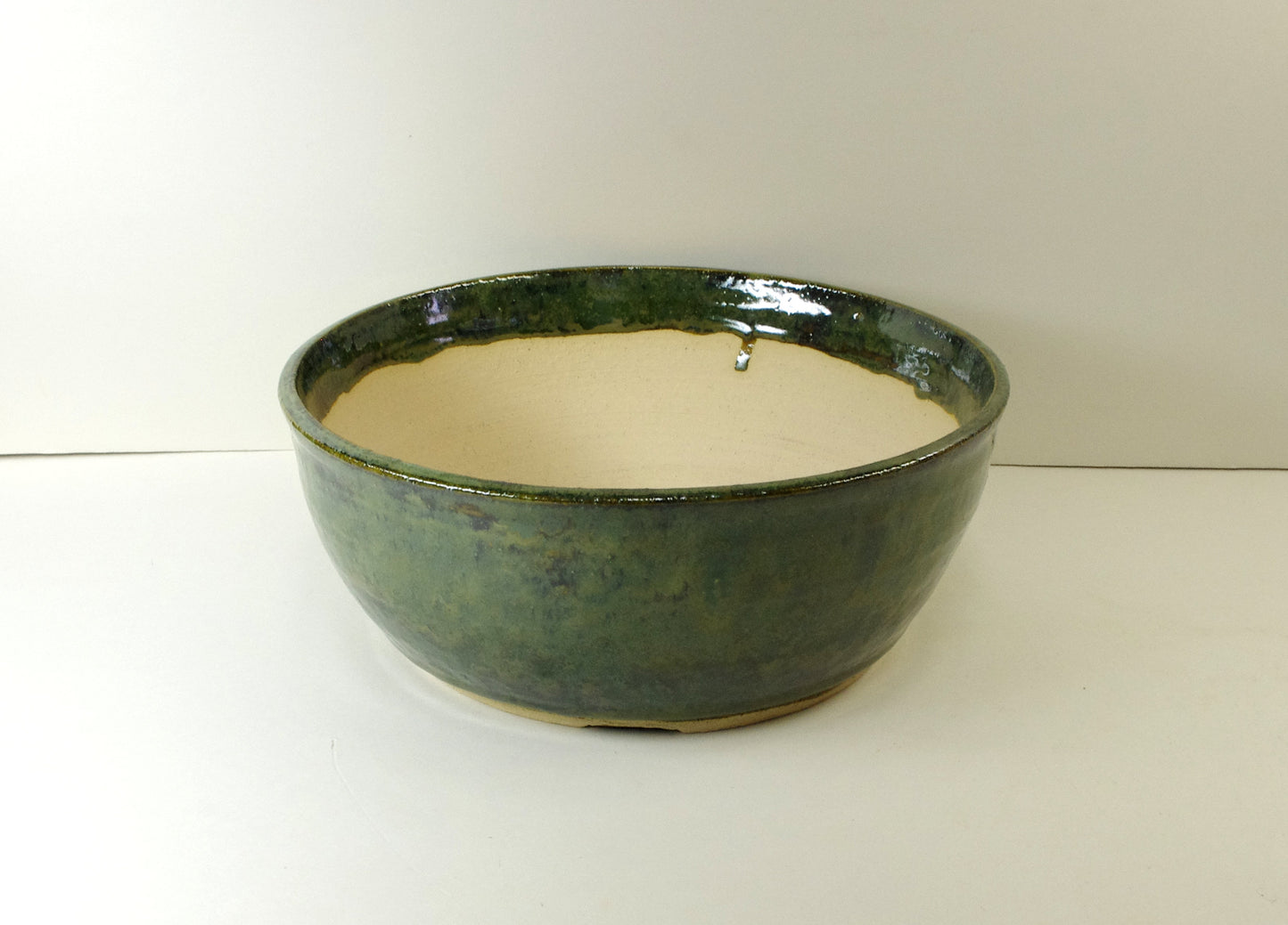 2120, Hand Thrown Stoneware Bonsai Pot, Greens, 8 1/2 x 3 3/8, With Extra Wire Holes