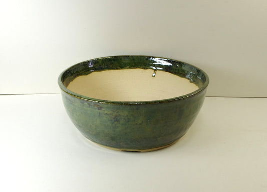 2120, Hand Thrown Stoneware Bonsai Pot,  Greens, 8 1/2 x 3 3/8, With Extra Wire Holes