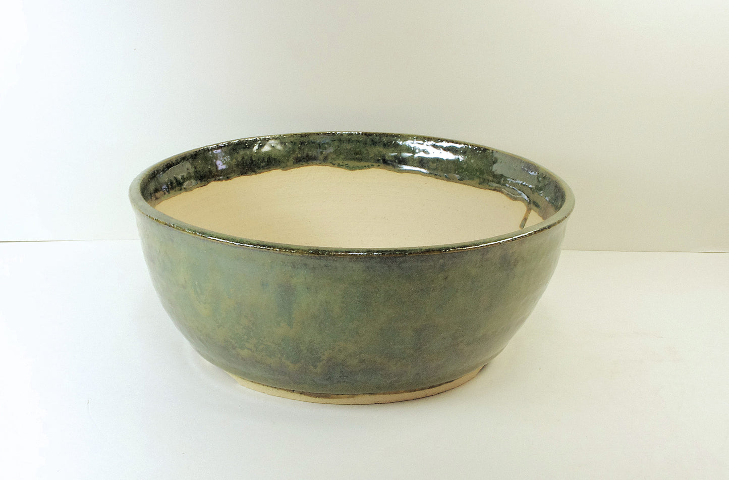 2120, Hand Thrown Stoneware Bonsai Pot, Greens, 8 1/2 x 3 3/8, With Extra Wire Holes