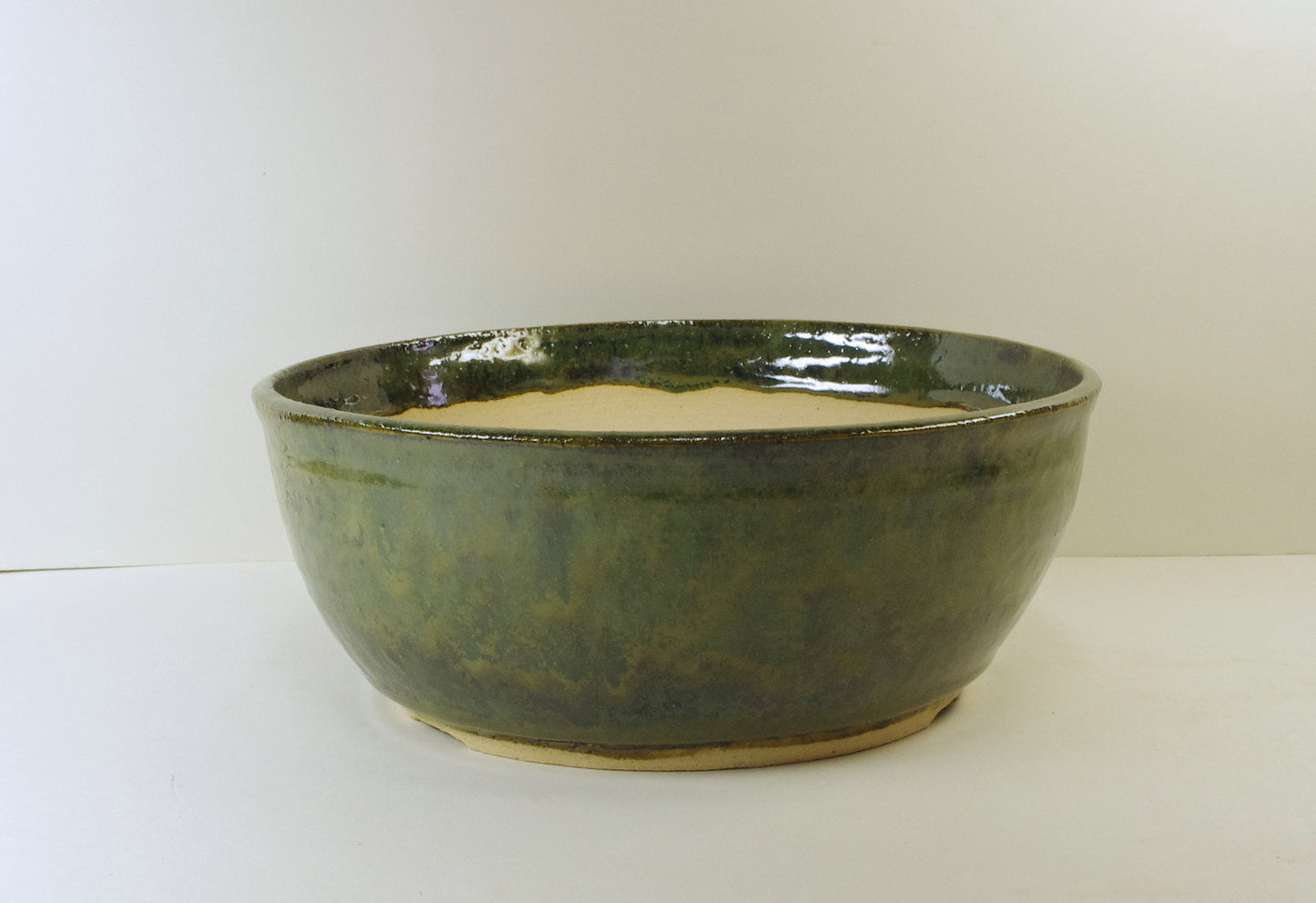 2120, Hand Thrown Stoneware Bonsai Pot, Greens, 8 1/2 x 3 3/8, With Extra Wire Holes