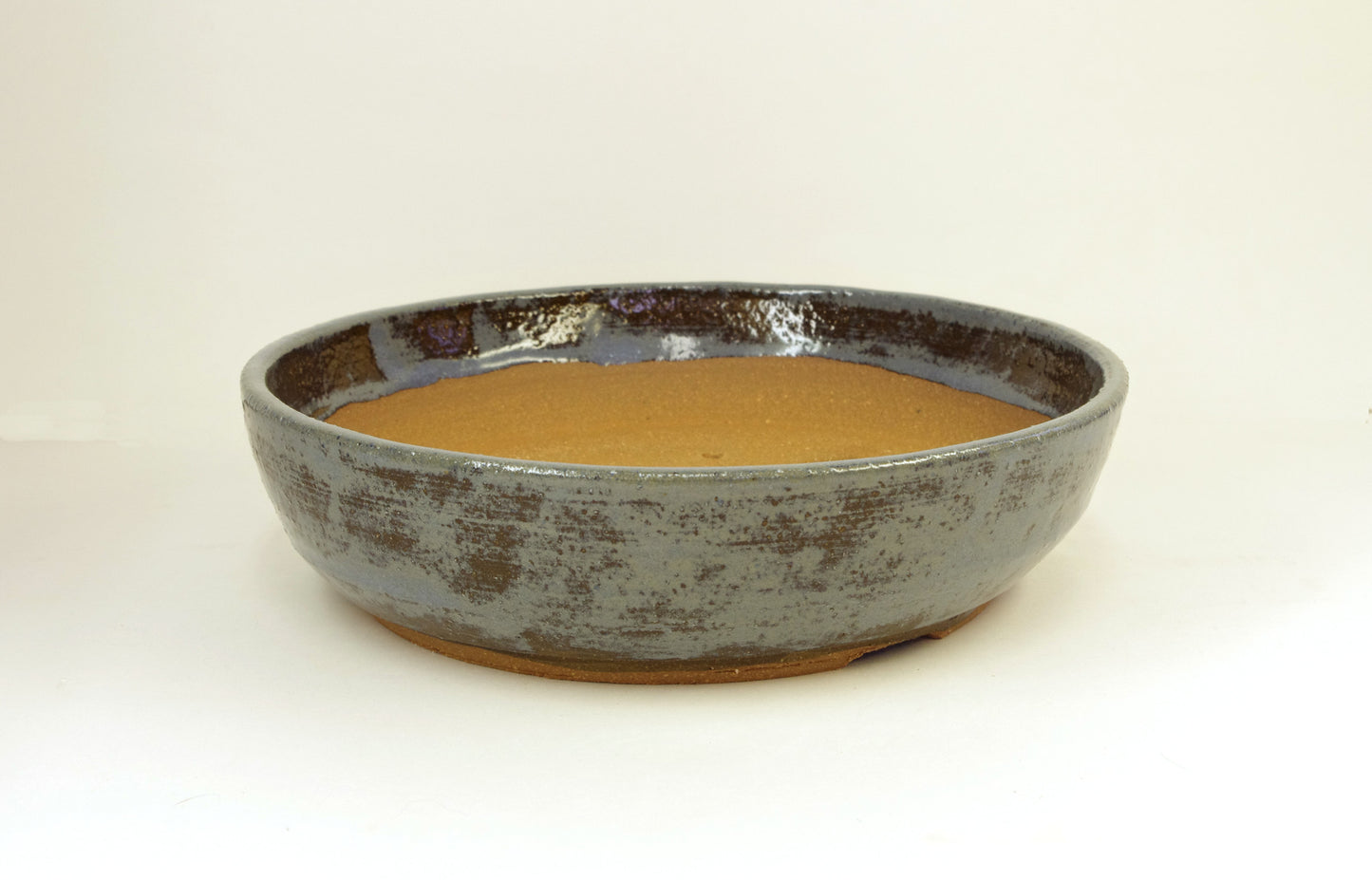 2131 Hand Thrown Stoneware Bonsai Pot, Medium Blues, Brown 8 3/8 x 2 1/8