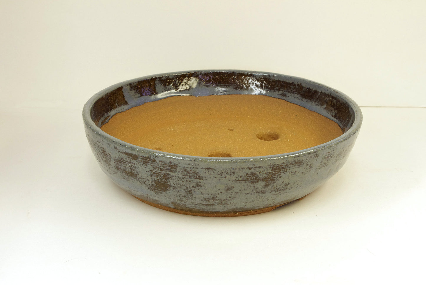 2131 Hand Thrown Stoneware Bonsai Pot, Medium Blues, Brown 8 3/8 x 2 1/8