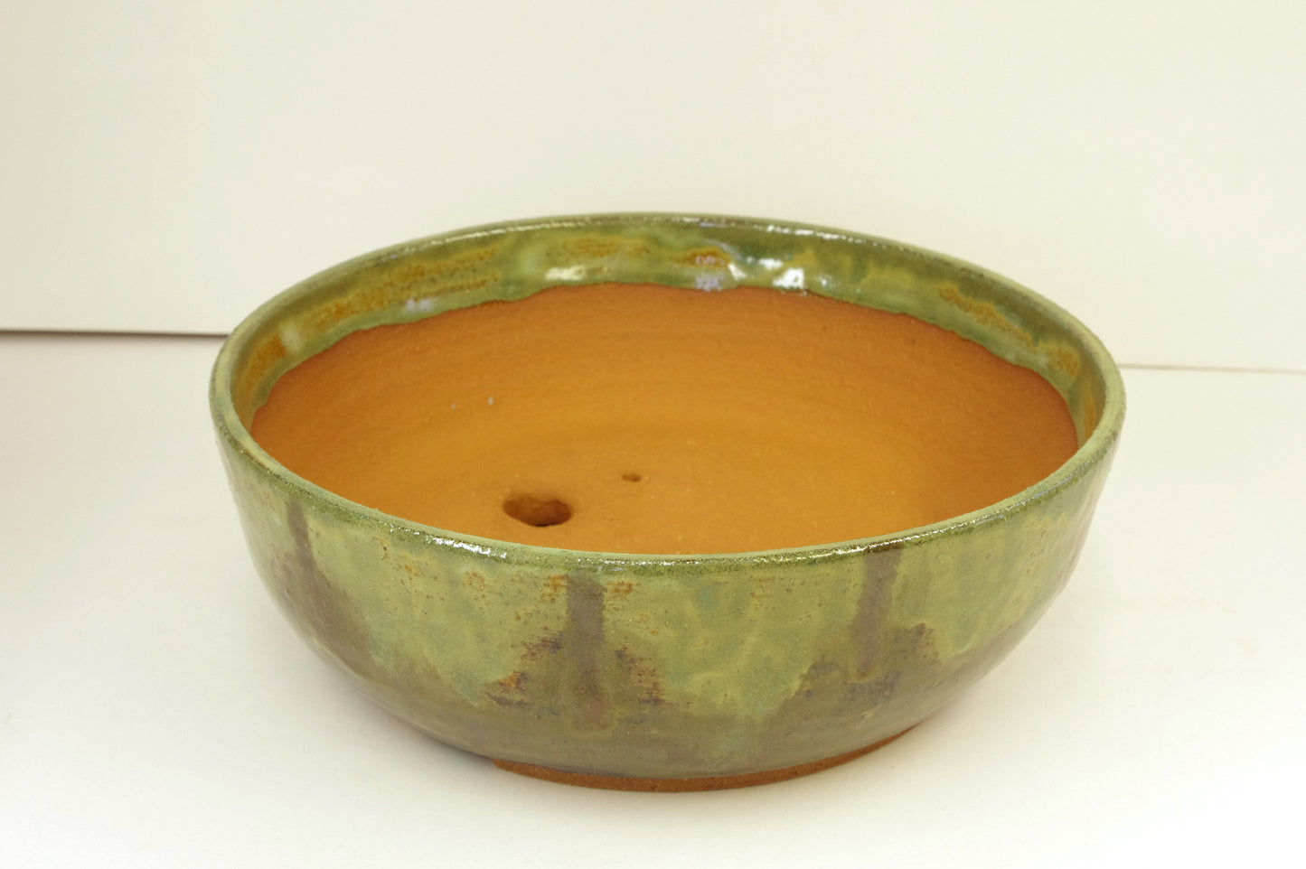 2134 Stoneware Bonsai Pot, Hand Thrown, Browns and Greens 8 1/4 x 2 7/8