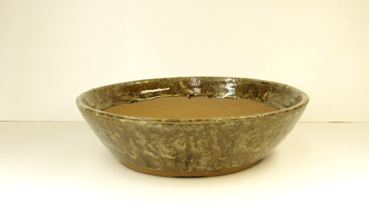2140, Hand Thrown Stoneware Bonsai Pot, Extra Wire Holes, Greenish Browns, Tans, Browns, 8 7/8 x 2 1/2