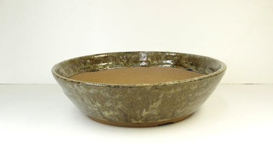 Hand Thrown Stoneware Bonsai Pot, Extra Wire Holes, Greenish Browns, Tans, Browns, 8 7/8 x 2 1/2