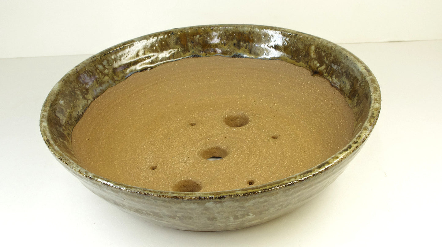 2140, Hand Thrown Stoneware Bonsai Pot, Extra Wire Holes, Greenish Browns, Tans, Browns, 8 7/8 x 2 1/2