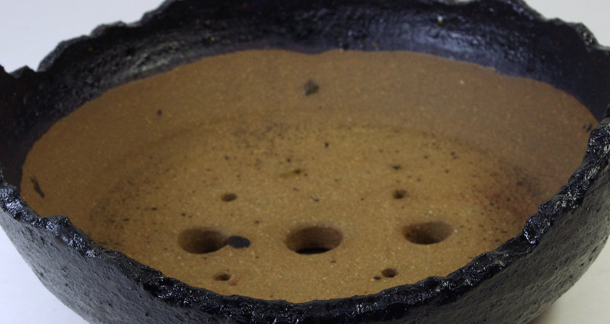 2175 Hand Thrown Altered Stoneware Bonsai Pot, Bowns and Black, 7 1/2 x 2 3/4 - 1 5/8