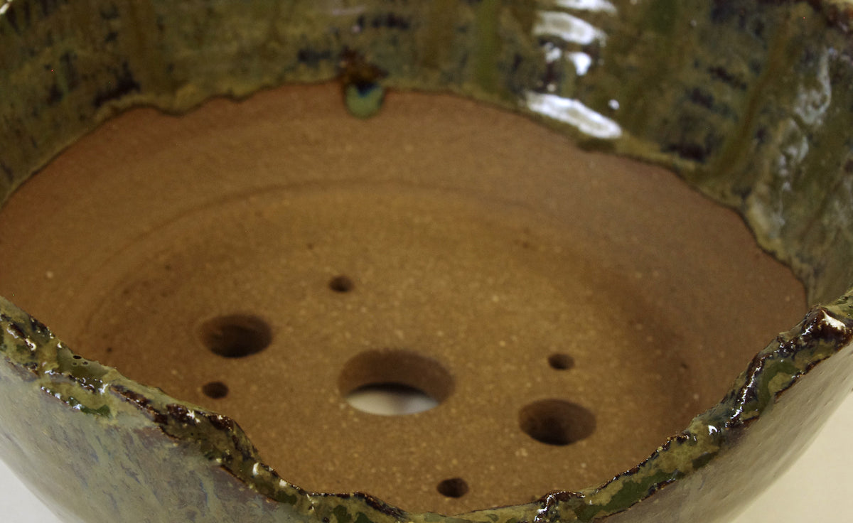 2176 Hand Thrown Altered Stoneware Bonsai Pot, Olive Greens, Tans, and Browns, 6 3/8 x 2 1/2 to 1 5/8
