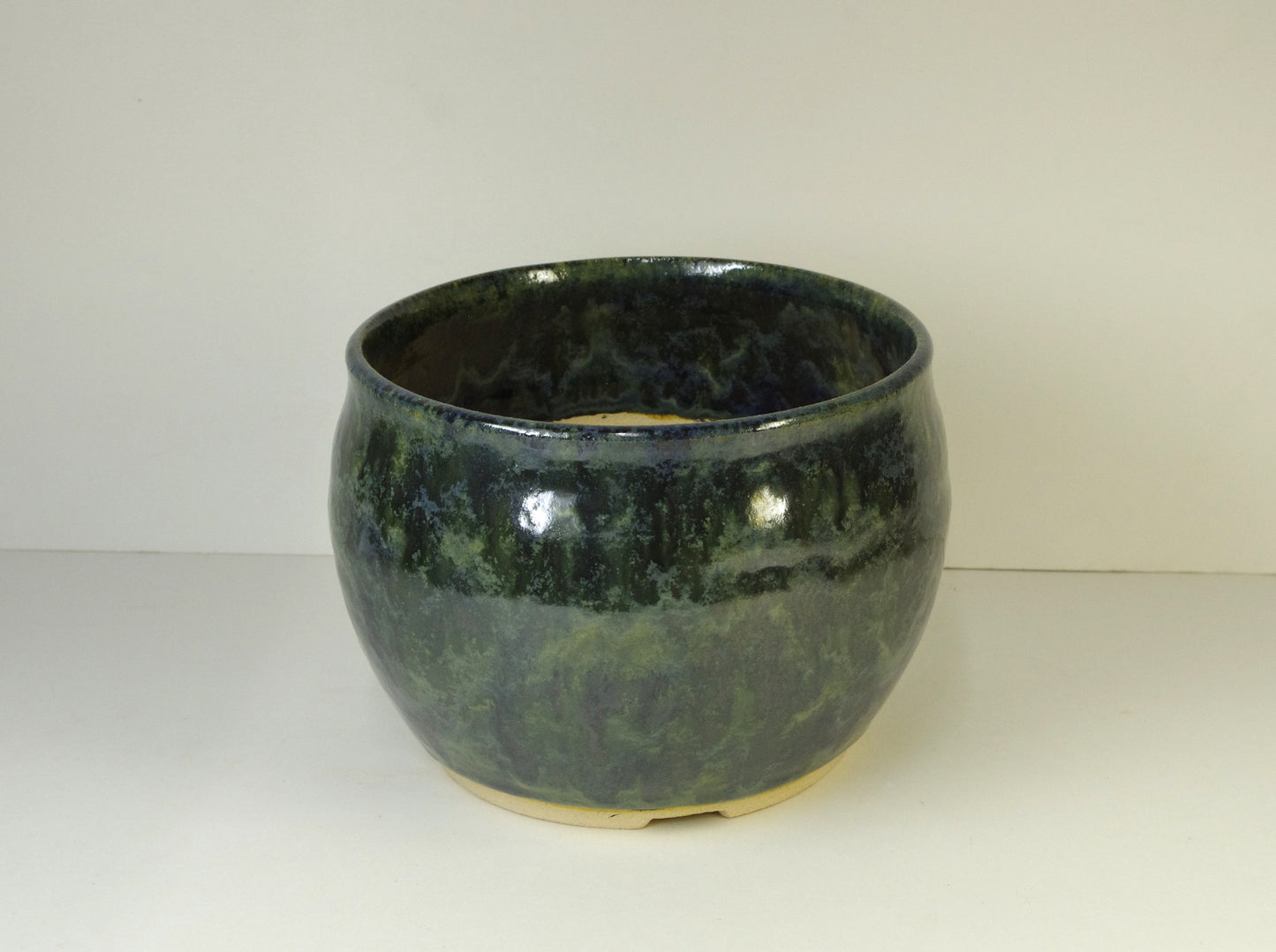 2145, Hand Thrown Stoneware Bonsai Pot, Extra Wire Holes, Greens, Blues, 5 3/4 x 4 3/8