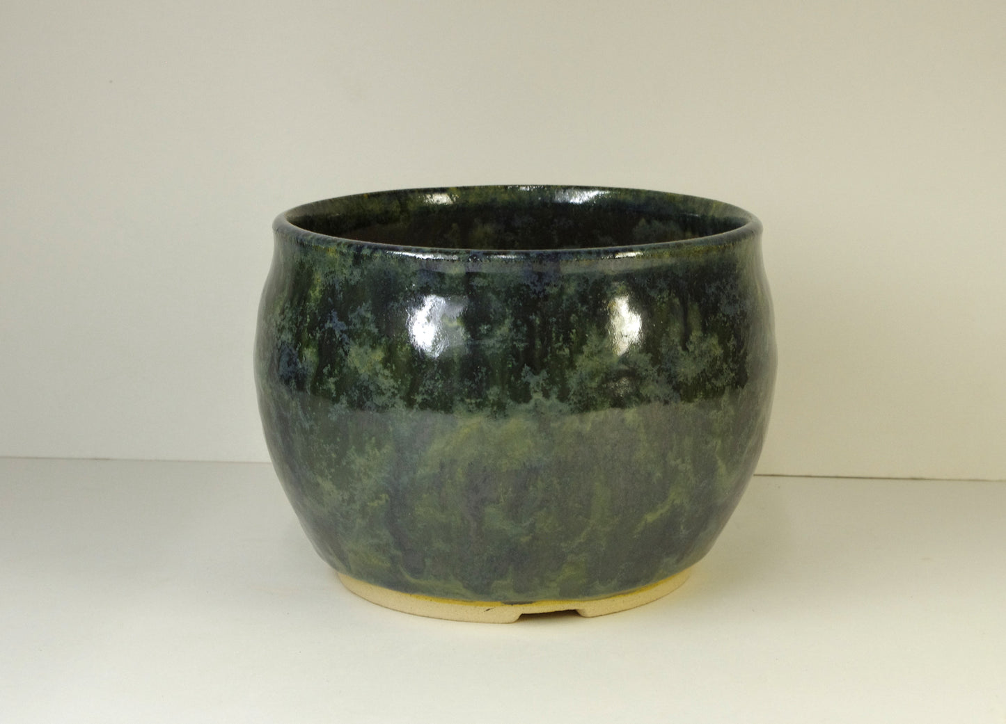 2145, Hand Thrown Stoneware Bonsai Pot, Extra Wire Holes, Greens, Blues, 5 3/4 x 4 3/8