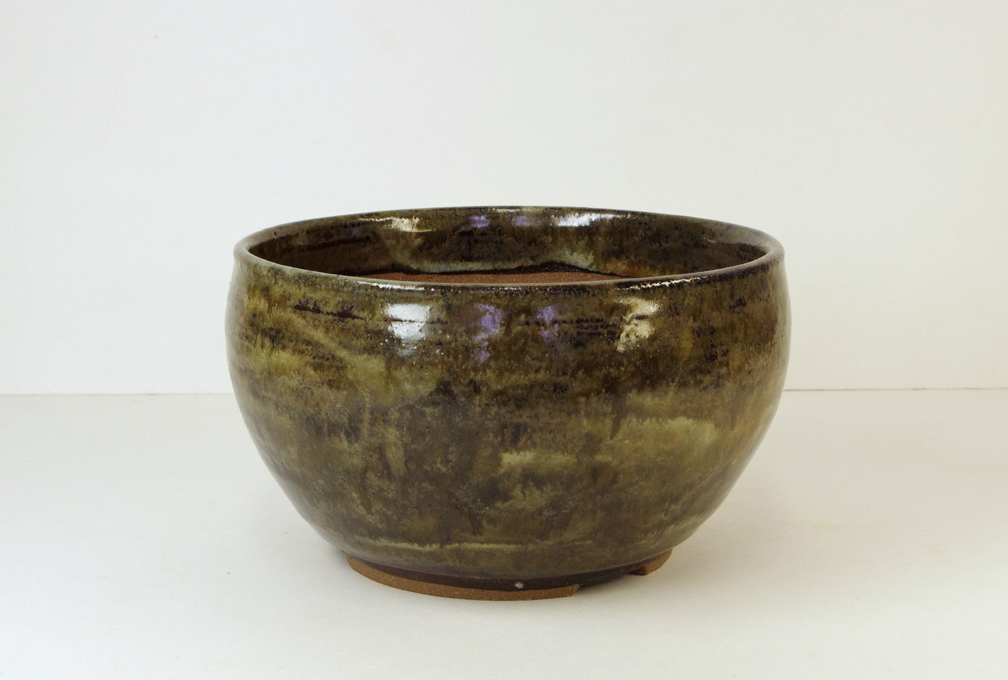 Item 2001, Hand Thrown Stoneware Bonsai Pot, Olive Greens, Browns, 6 1/8 x 3 1/2, With Extra Wire Holes