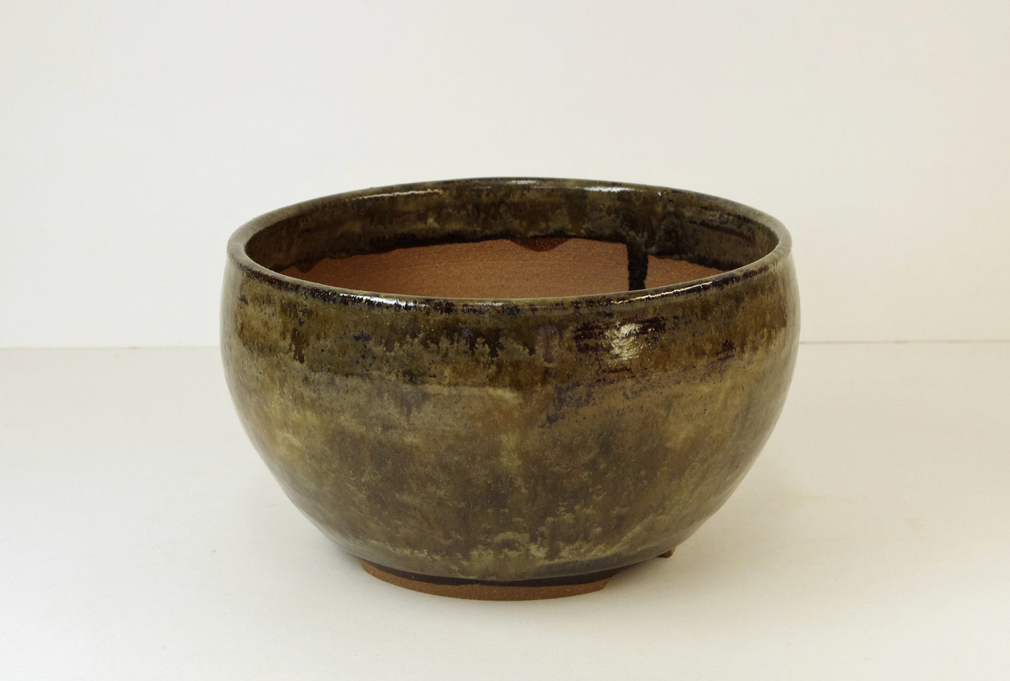 Item 2001, Hand Thrown Stoneware Bonsai Pot, Olive Greens, Browns, 6 1/8 x 3 1/2, With Extra Wire Holes