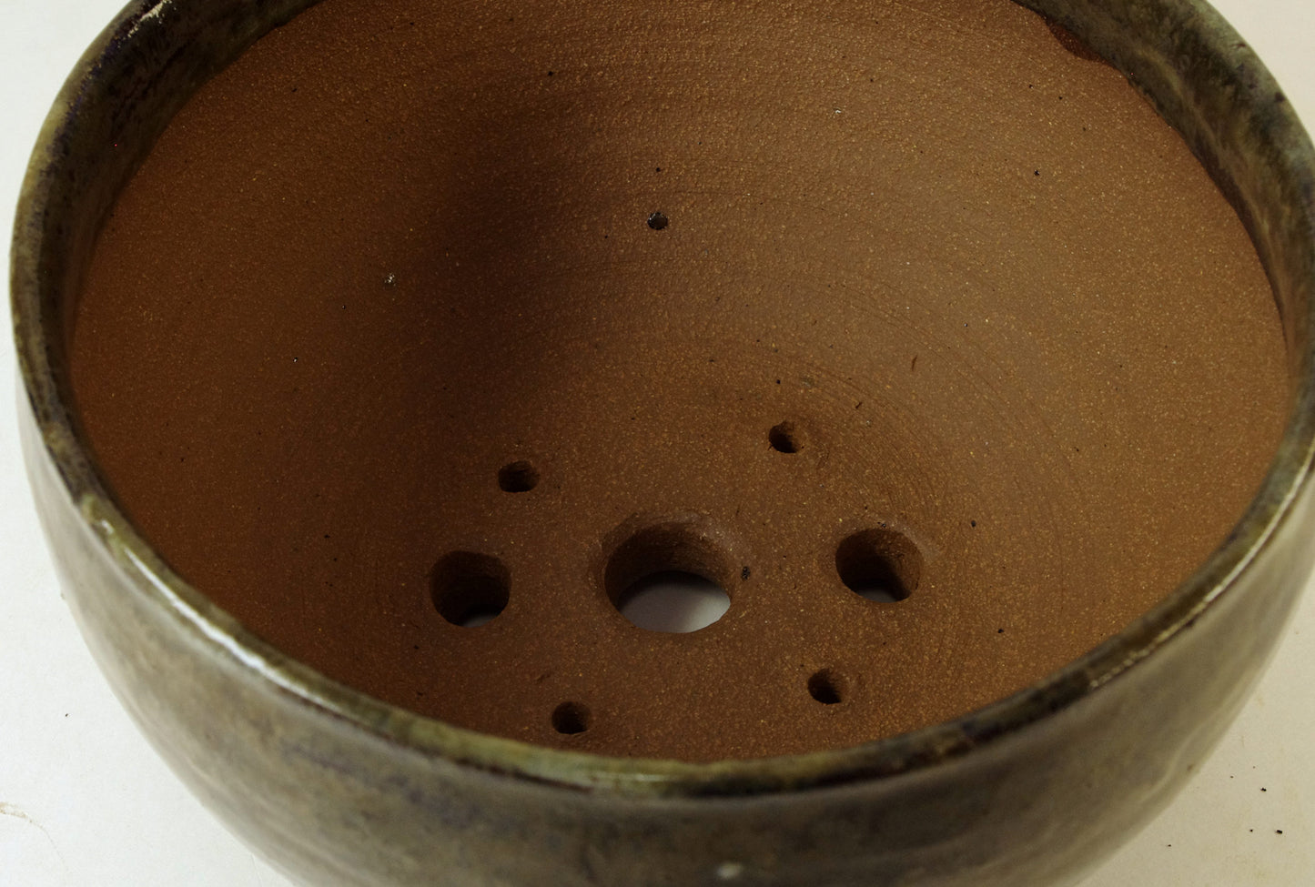 Item 2001, Hand Thrown Stoneware Bonsai Pot, Olive Greens, Browns, 6 1/8 x 3 1/2, With Extra Wire Holes