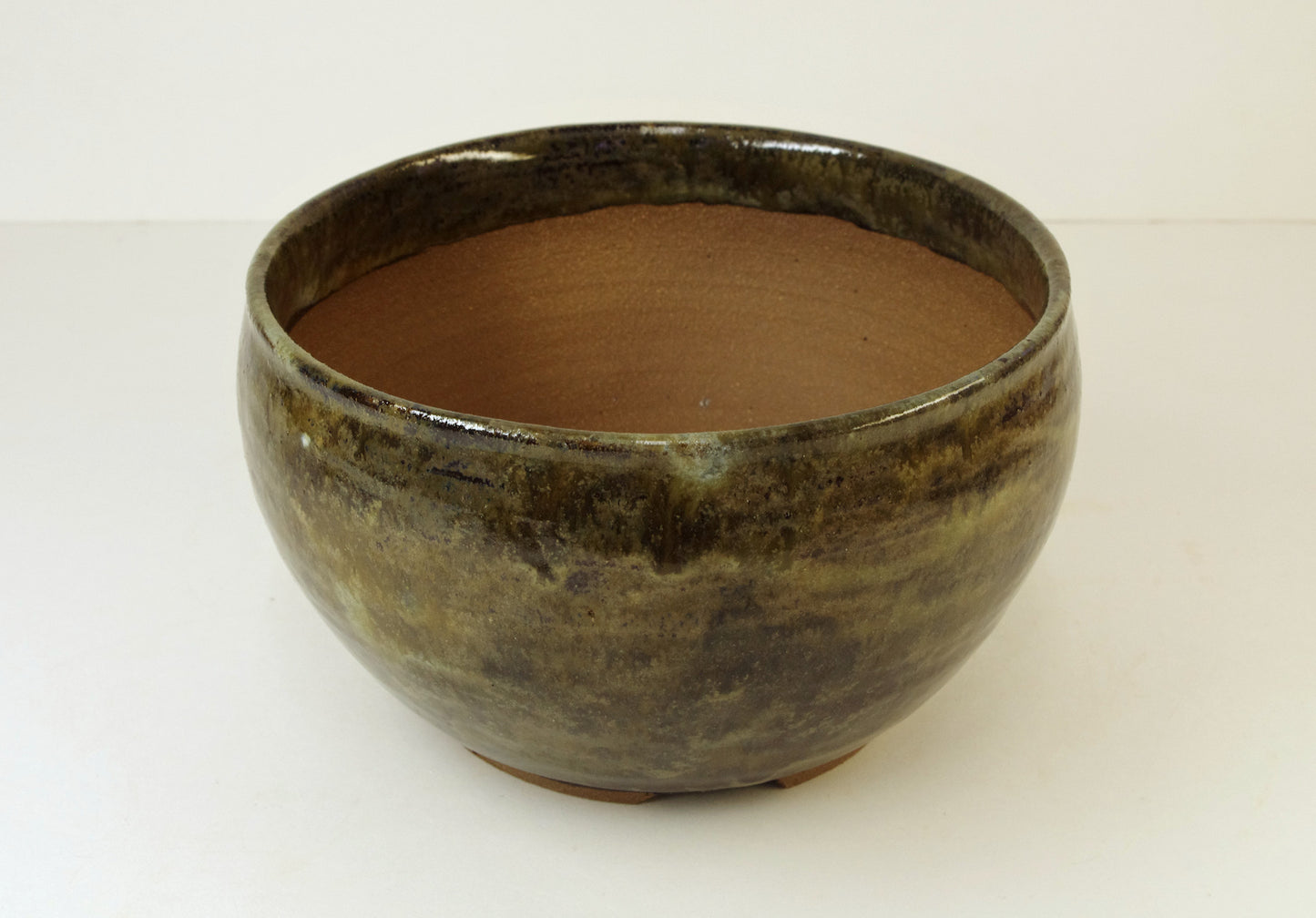 Item 2001, Hand Thrown Stoneware Bonsai Pot, Olive Greens, Browns, 6 1/8 x 3 1/2, With Extra Wire Holes