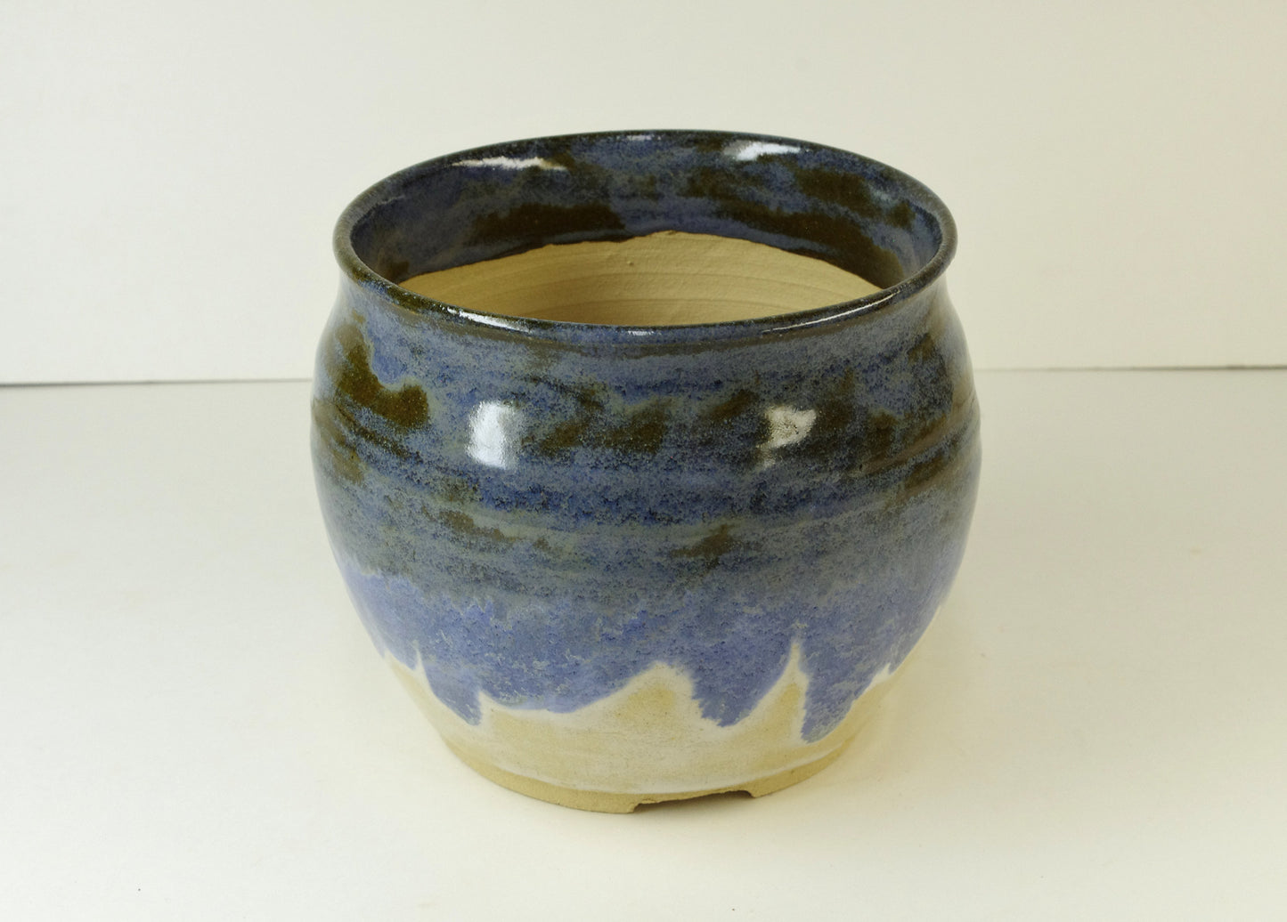 2005, Hand Thrown Stoneware Bonsai Pot, Extra Wire Holes, Blues, Natural Beige, 5 1/2 x 4 3/8