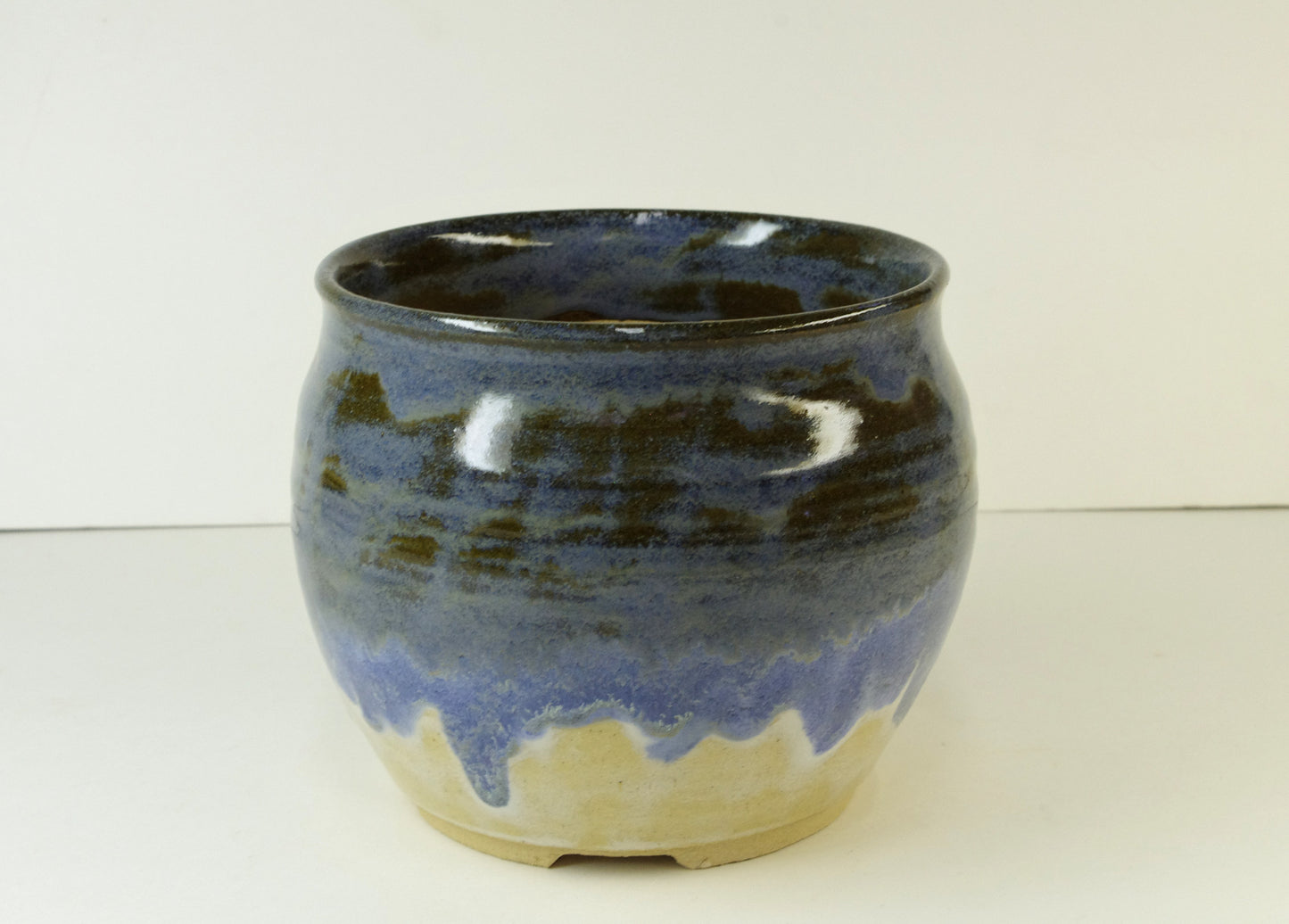 2005, Hand Thrown Stoneware Bonsai Pot, Extra Wire Holes, Blues, Natural Beige, 5 1/2 x 4 3/8