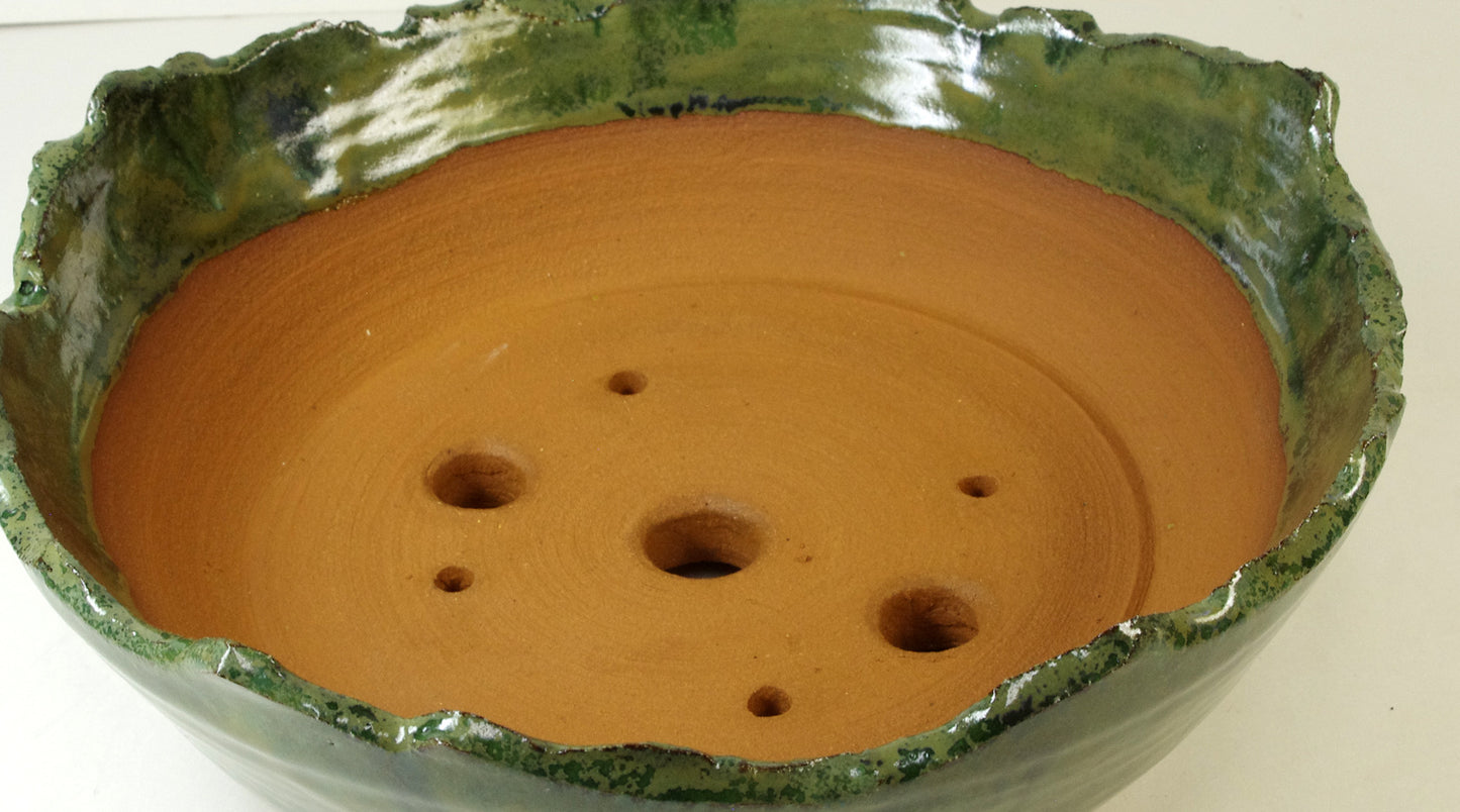 2028, Hand Thrown Mountain Valley, Stoneware Bonsai Pot, Greens, Tans 8 x 2 1/4 With Extra Wire Holes