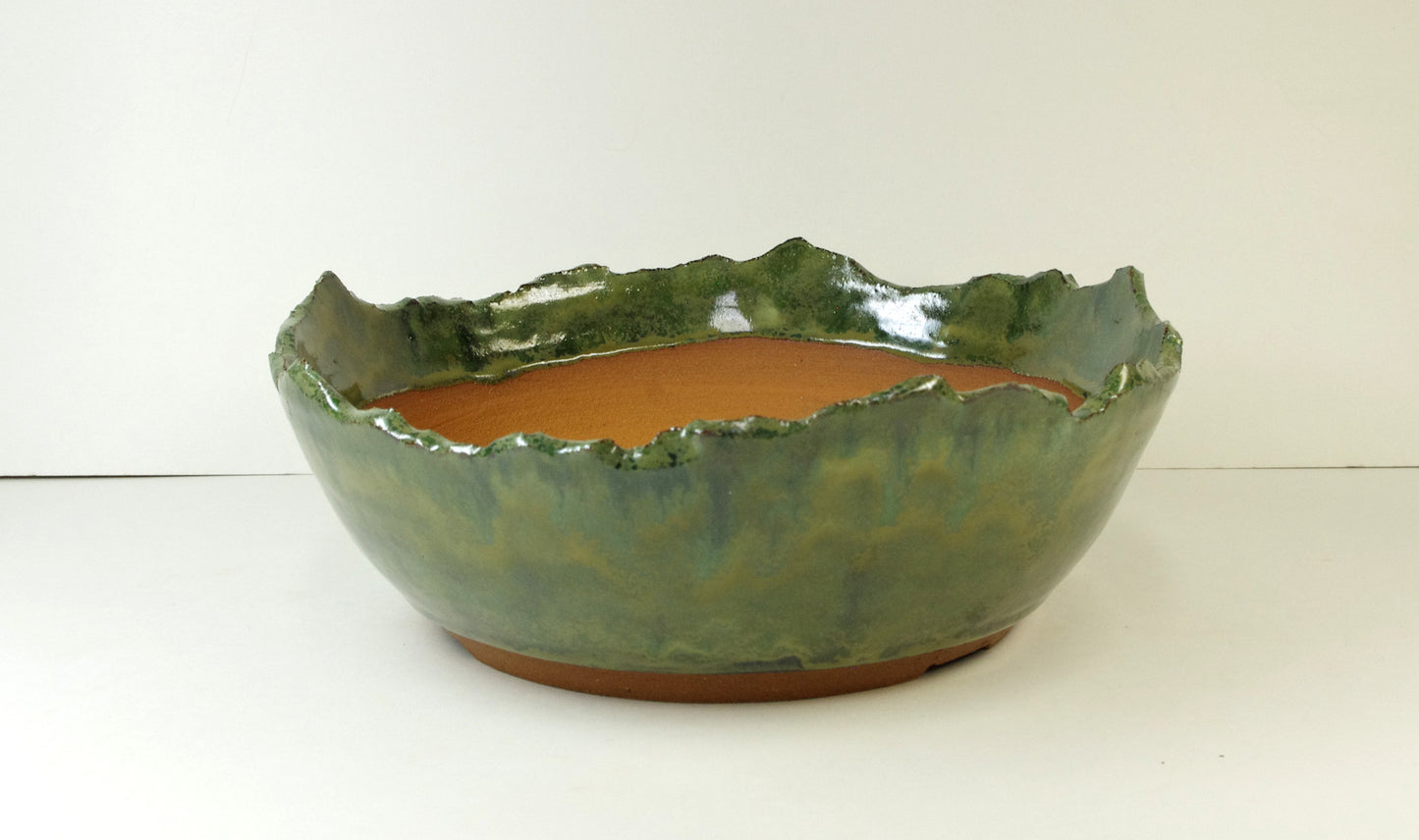 2028, Hand Thrown Mountain Valley, Stoneware Bonsai Pot, Greens, Tans 8 x 2 1/4 With Extra Wire Holes