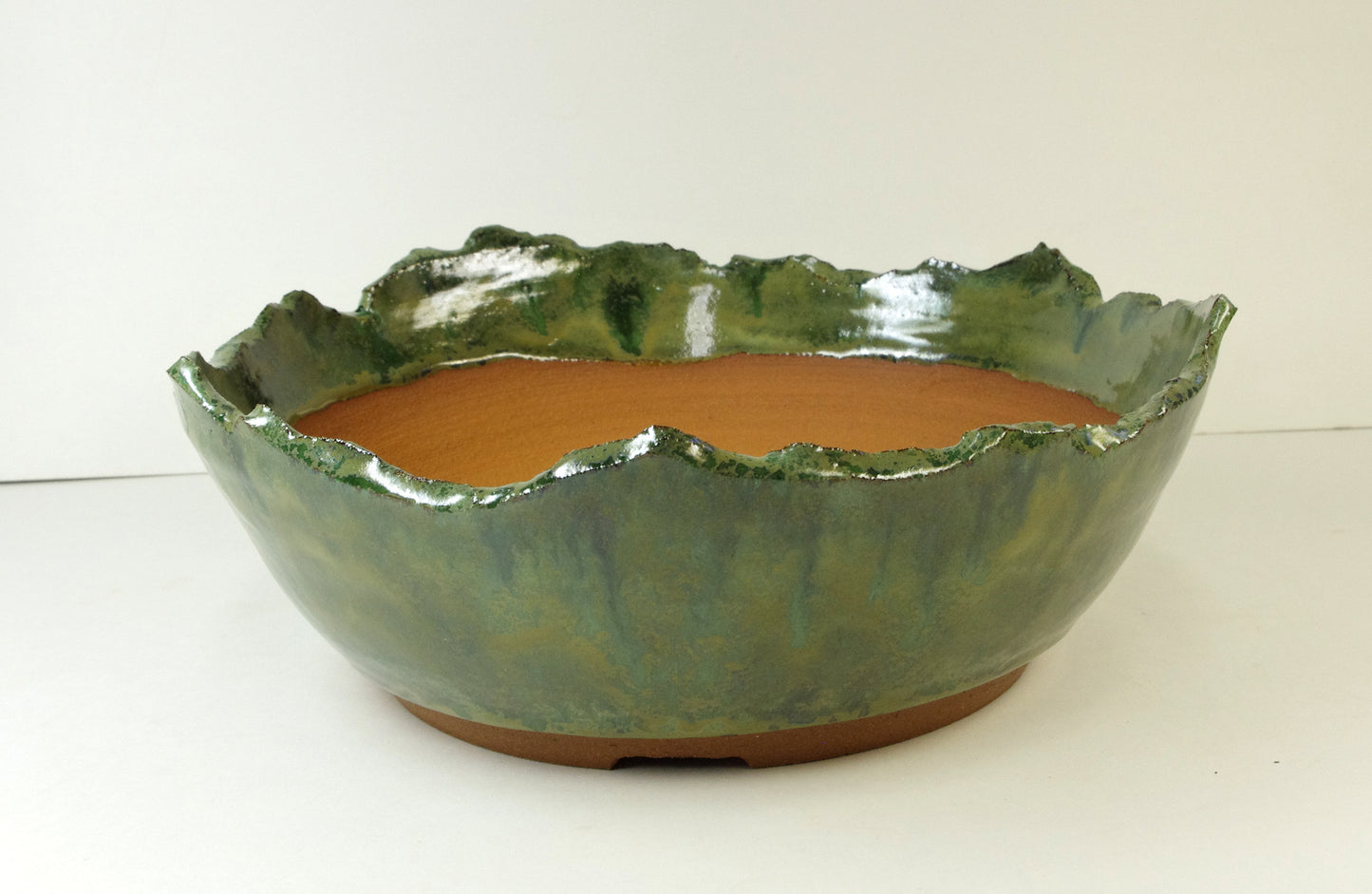 2028, Hand Thrown Mountain Valley, Stoneware Bonsai Pot, Greens, Tans 8 x 2 1/4 With Extra Wire Holes