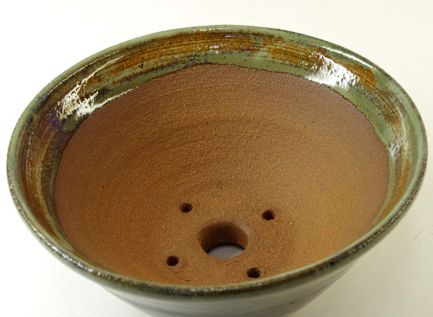 2031, Hand Thrown Stoneware Small Bonsai Pot, Greens, Blacks, 5 1/2 x 2 5/8 With Extra Wire Holes