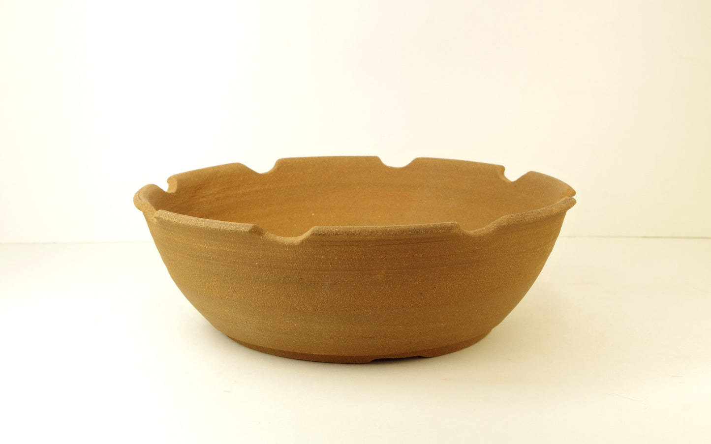 2035, Hand Thrown Unglazed Stoneware Bonsai Pot, with carved top, 8 3/4 x 2 3/4, Extra Wire Holes