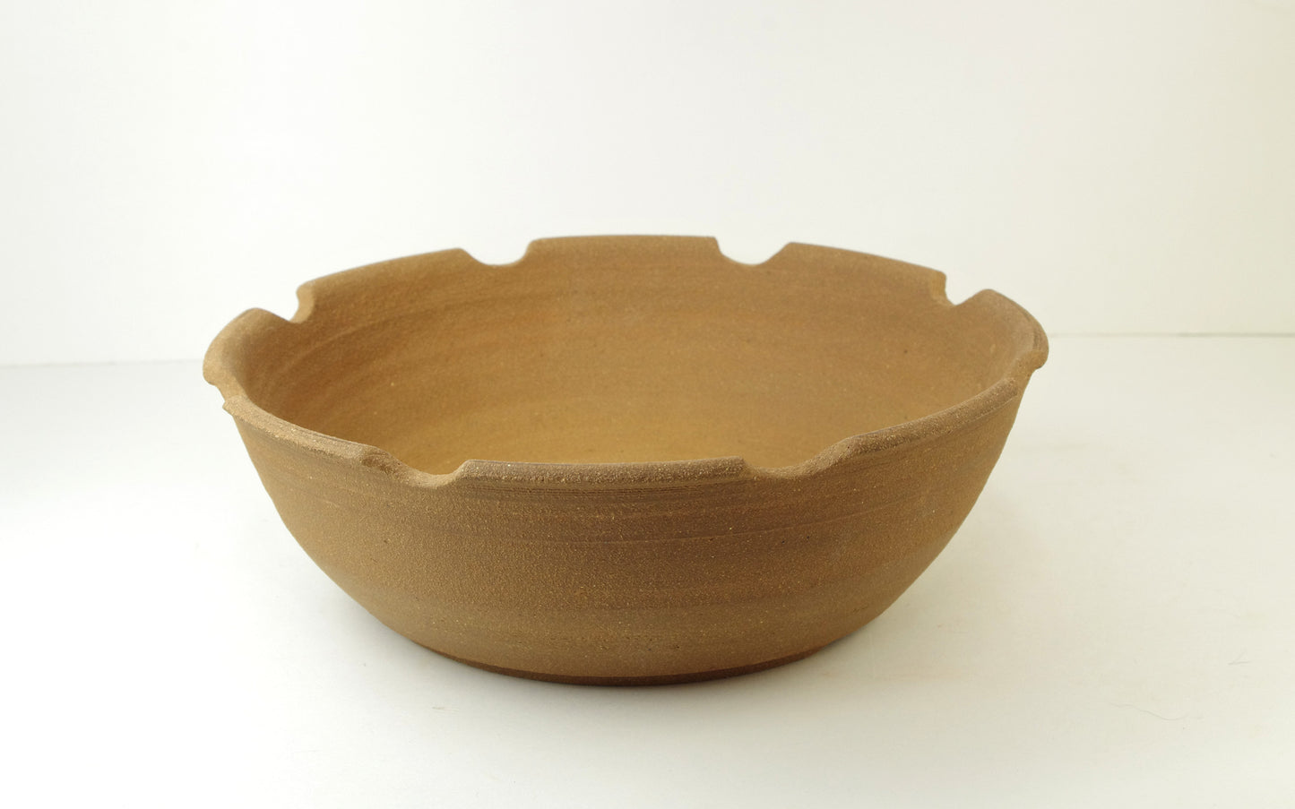 2035, Hand Thrown Unglazed Stoneware Bonsai Pot, with carved top, 8 3/4 x 2 3/4, Extra Wire Holes