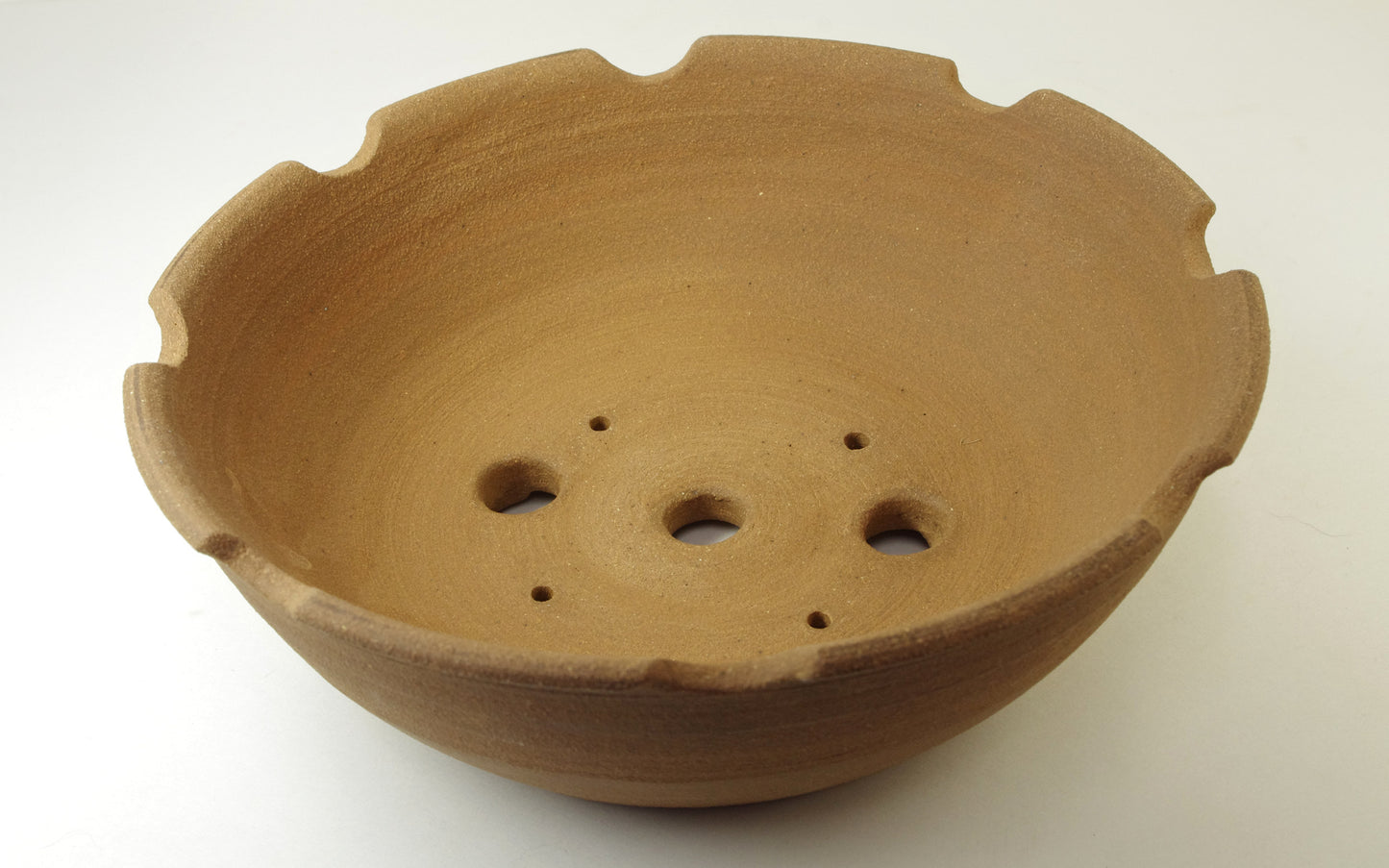 2035, Hand Thrown Unglazed Stoneware Bonsai Pot, with carved top, 8 3/4 x 2 3/4, Extra Wire Holes