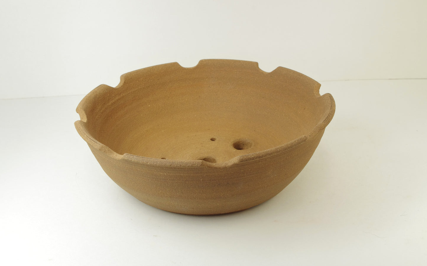 2035, Hand Thrown Unglazed Stoneware Bonsai Pot, with carved top, 8 3/4 x 2 3/4, Extra Wire Holes
