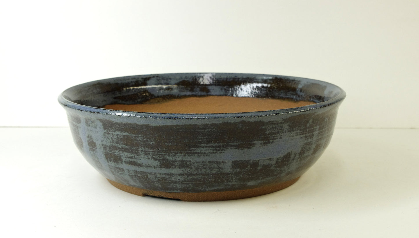 2041, Hand Thrown Stoneware Bonsai Pot, Blues, Browns 7 7/8 x 2 1/2 with extra wire holes