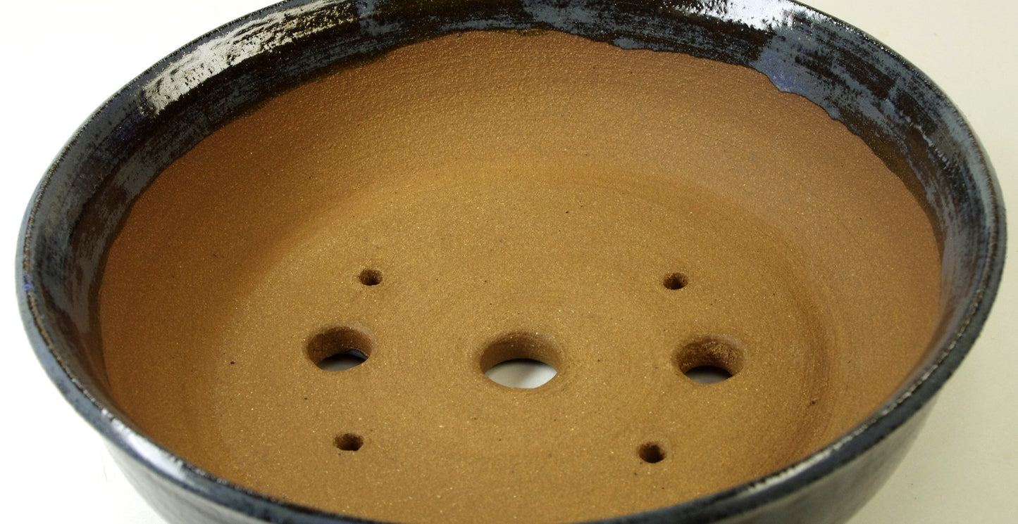 2041, Hand Thrown Stoneware Bonsai Pot, Blues, Browns 7 7/8 x 2 1/2 with extra wire holes