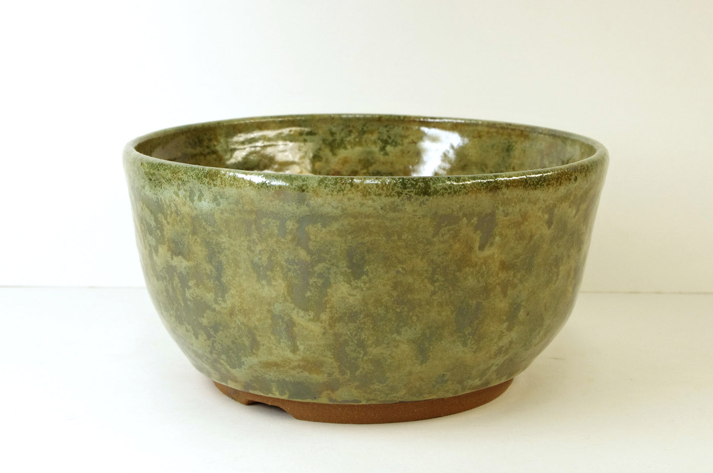 2042, Hand Thrown Stoneware Bonsai Pot, Greens, Tans, 6 7/8 x 3 1/2 extra wire holes