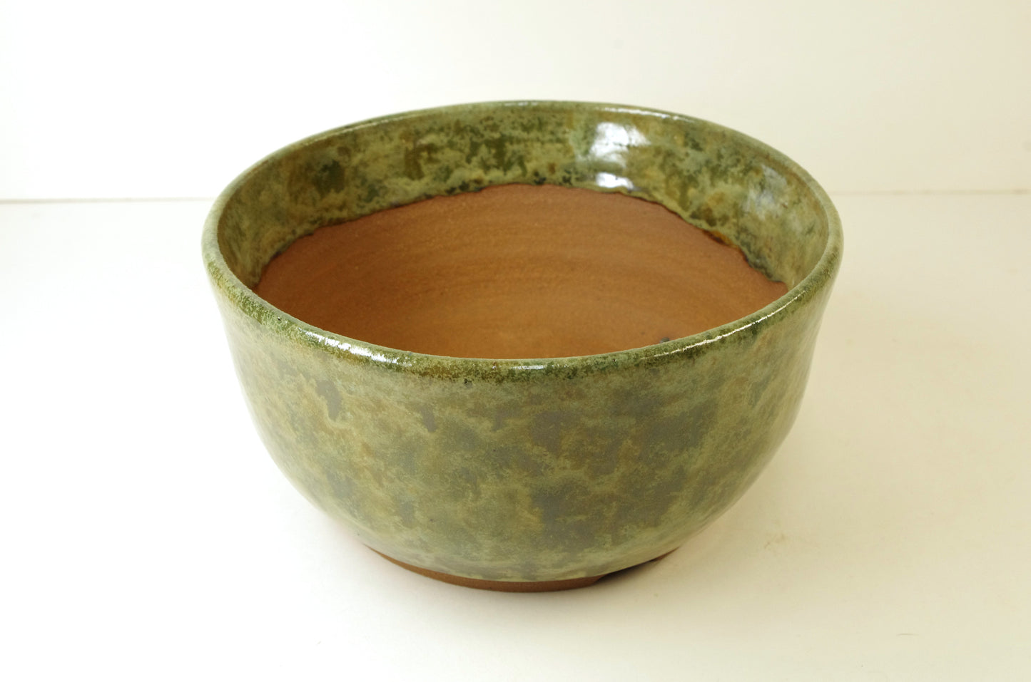2042, Hand Thrown Stoneware Bonsai Pot, Greens, Tans, 6 7/8 x 3 1/2 extra wire holes