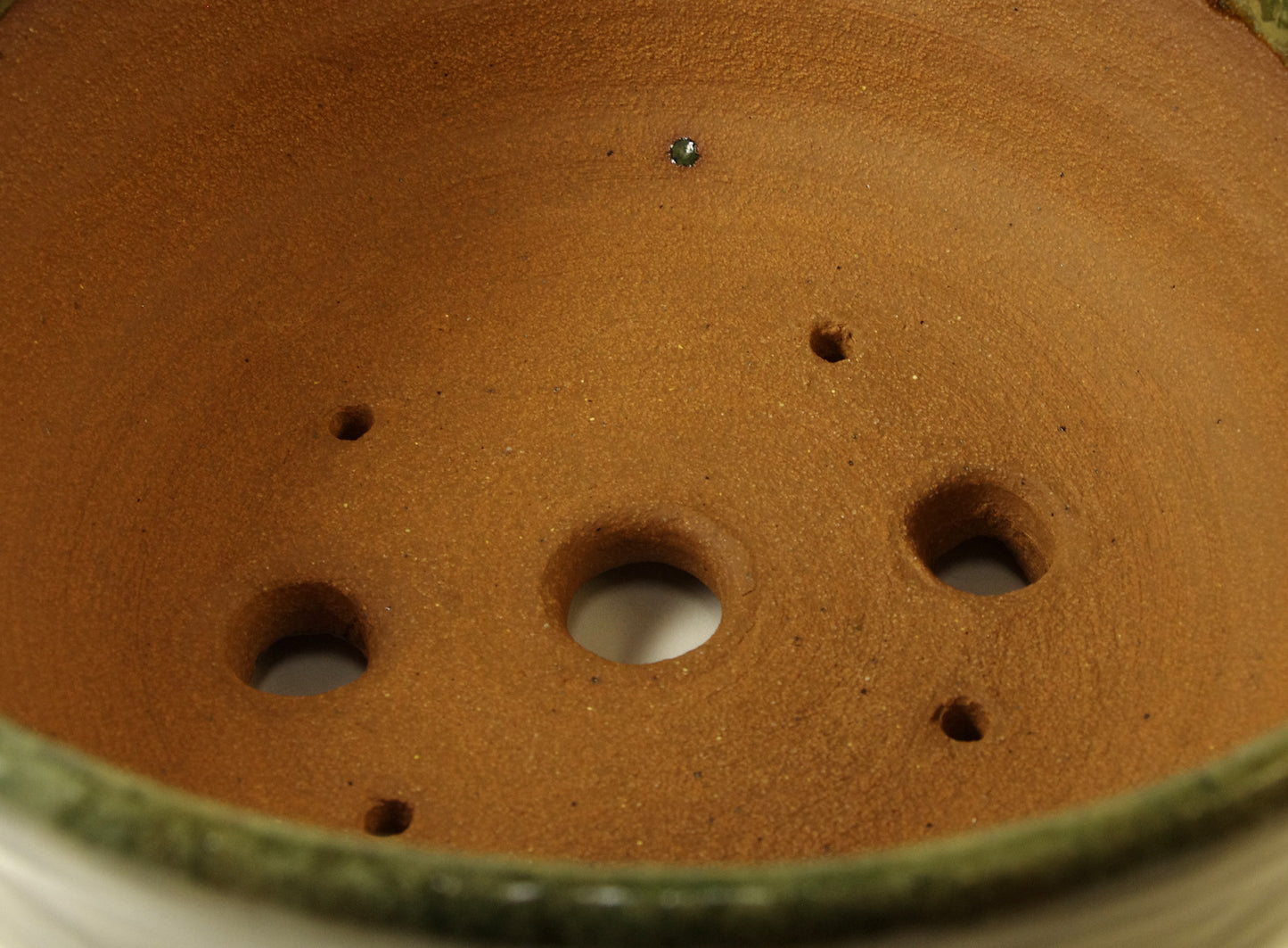 2042, Hand Thrown Stoneware Bonsai Pot, Greens, Tans, 6 7/8 x 3 1/2 extra wire holes