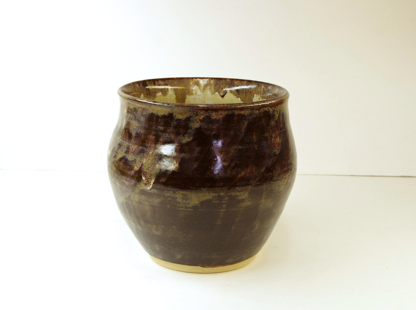 2045, Hand Thrown Stoneware Vase, Browns, Golds, White, 5 3/4 x 5 inches tall